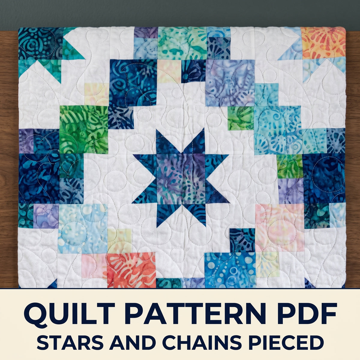 Star and Chain Quilt Pattern – Batik Sawtooth Stars on White, Throw Quilt PDF, Instant Download