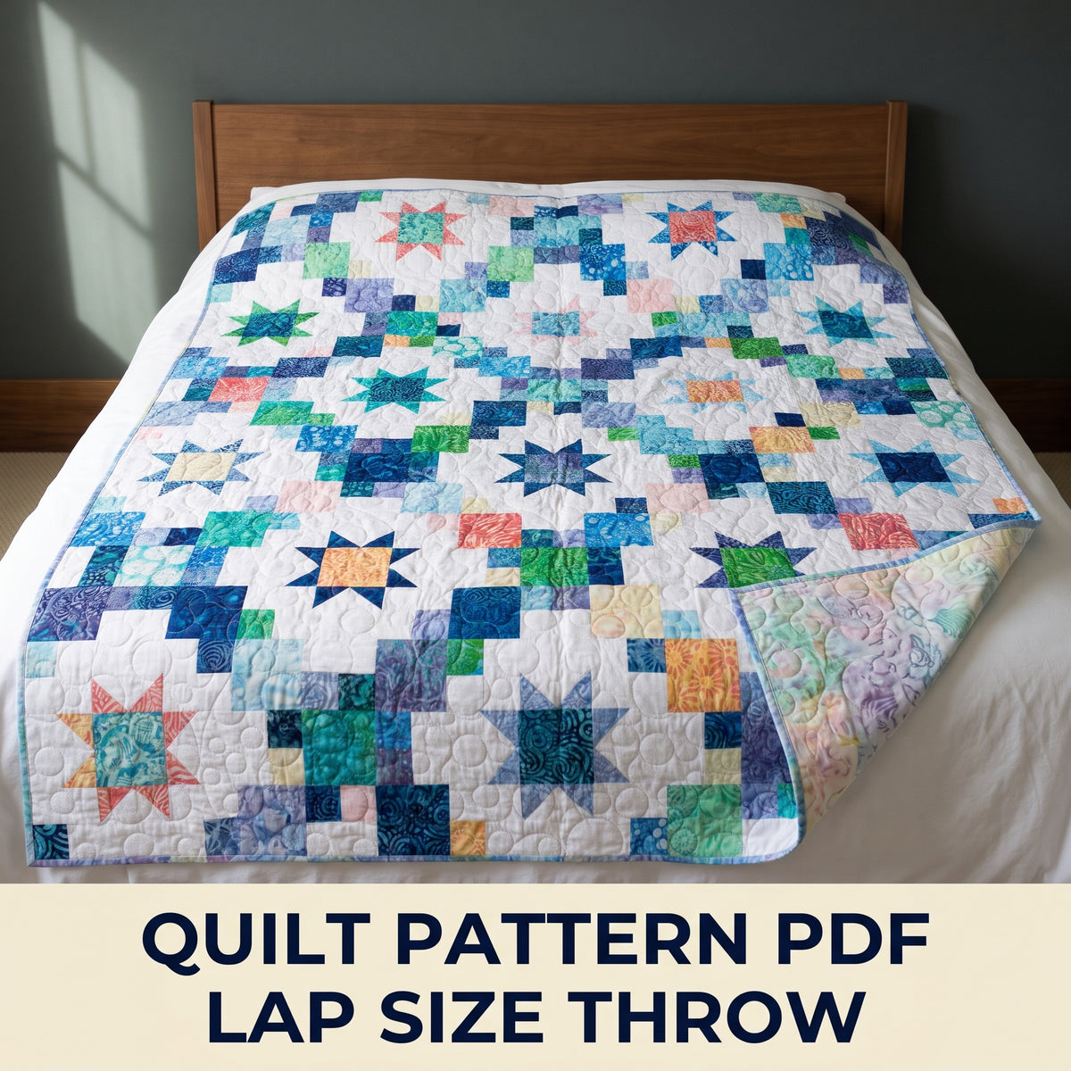 Star and Chain Quilt Pattern – Batik Sawtooth Stars on White, Throw Quilt PDF, Instant Download