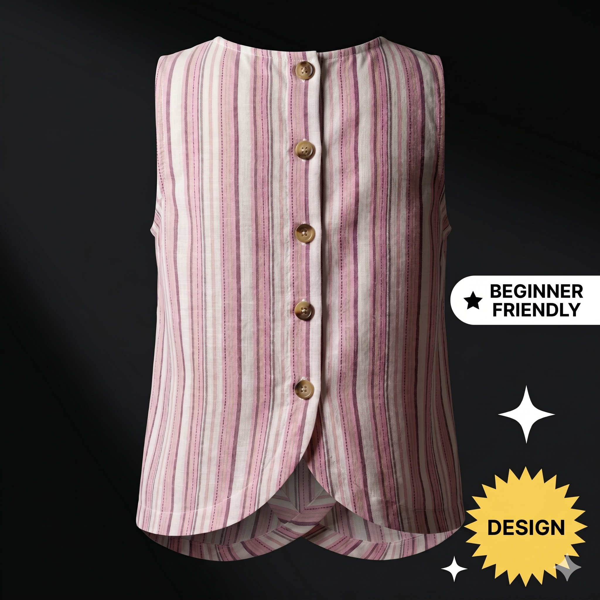 Striped Back Button Sleeveless Top – Instant Download PDF Sewing Pattern
