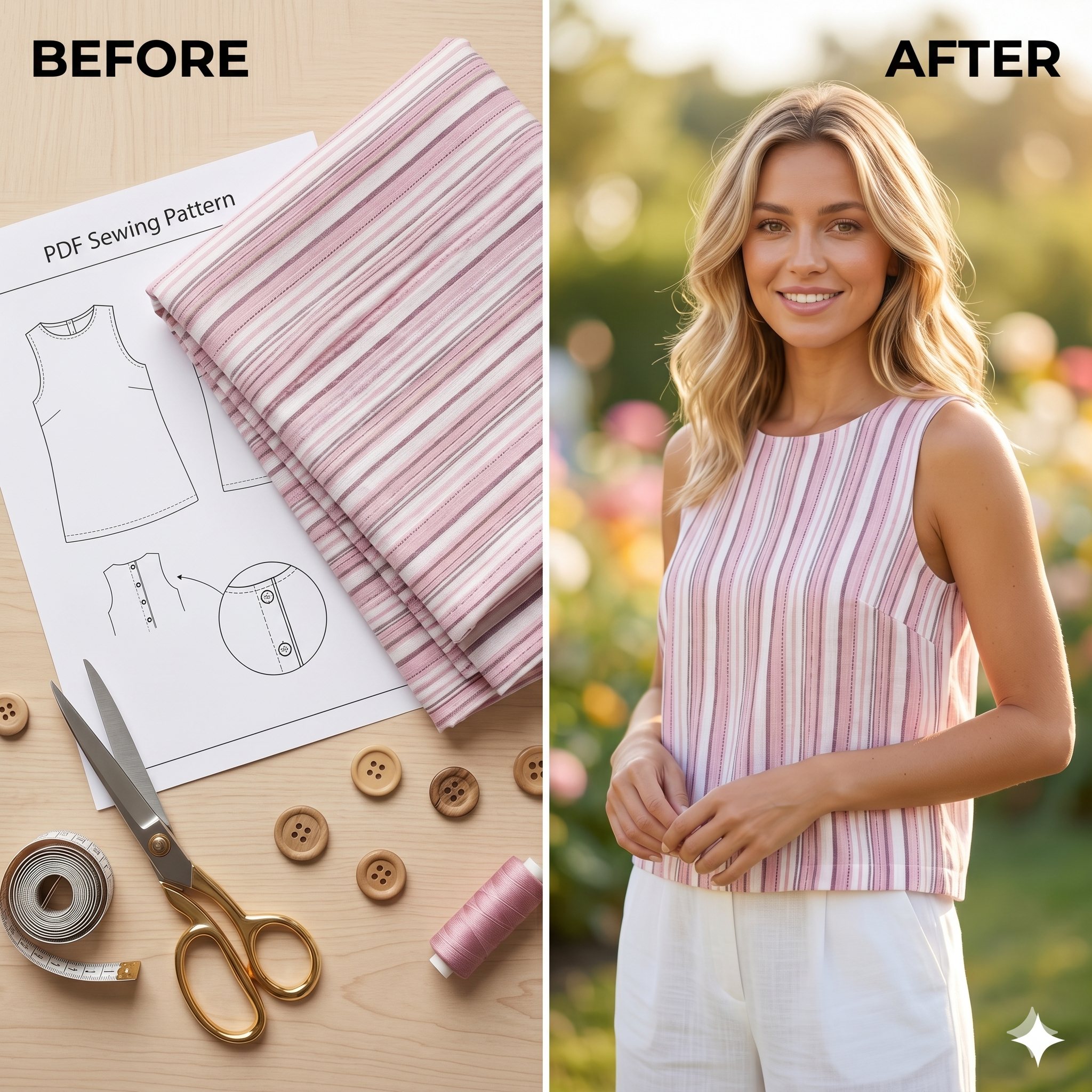 Striped Back Button Sleeveless Top – Instant Download PDF Sewing Pattern