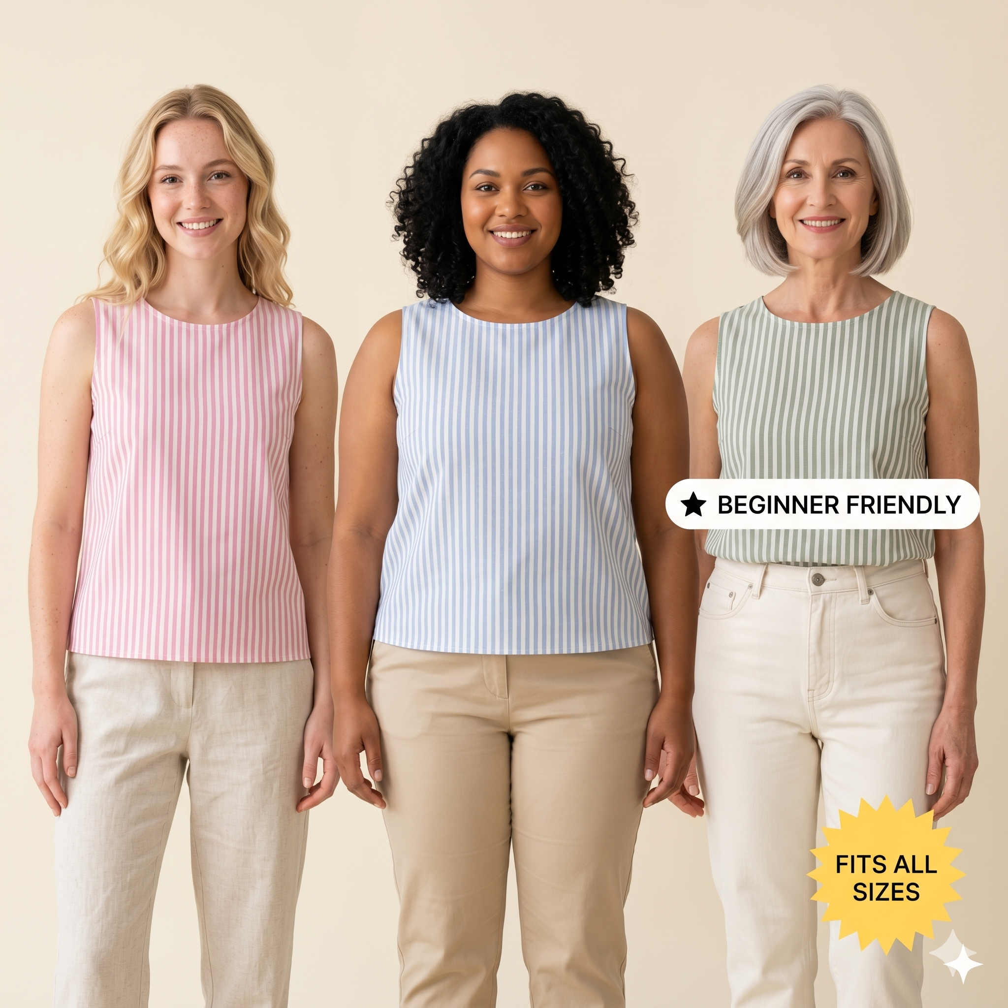 Striped Back Button Sleeveless Top – Instant Download PDF Sewing Pattern