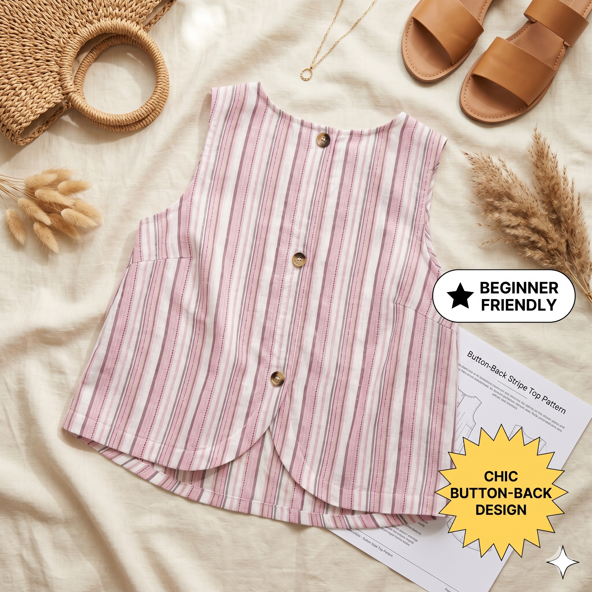 Striped Back Button Sleeveless Top – Instant Download PDF Sewing Pattern