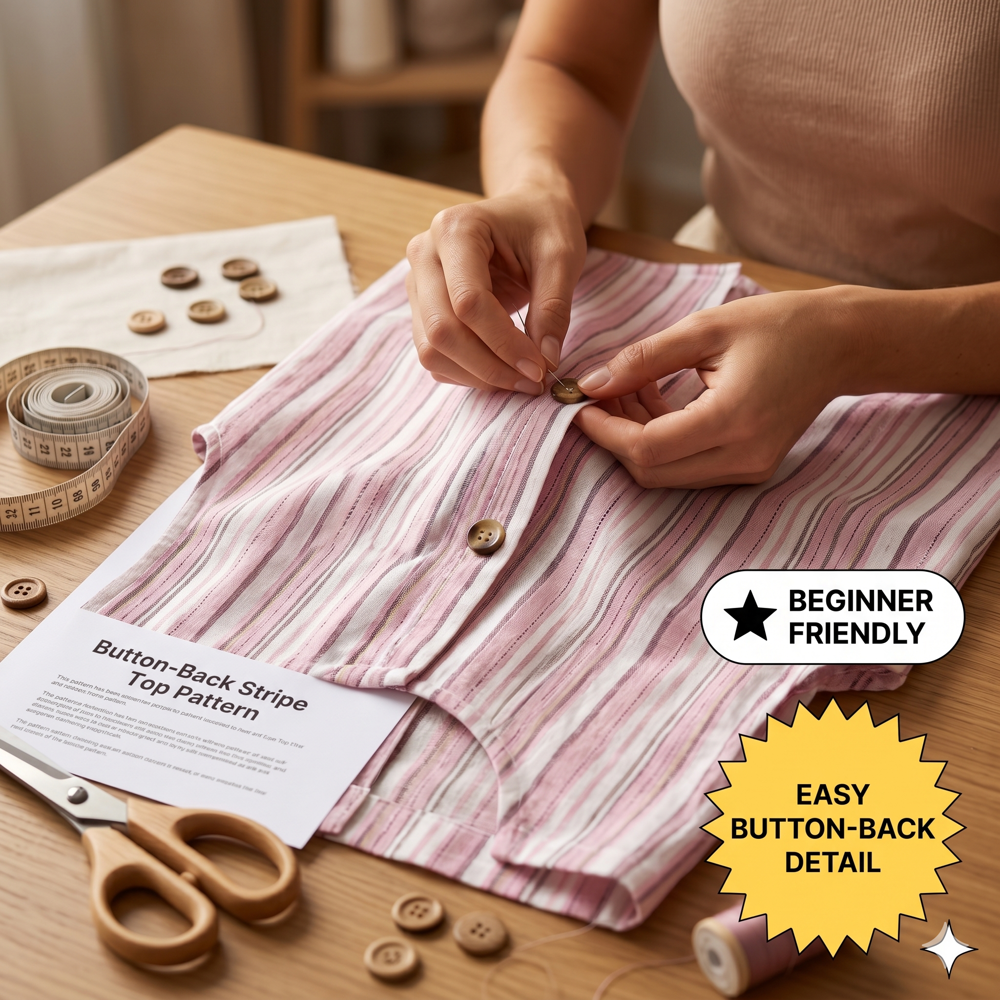 Striped Back Button Sleeveless Top – Instant Download PDF Sewing Pattern