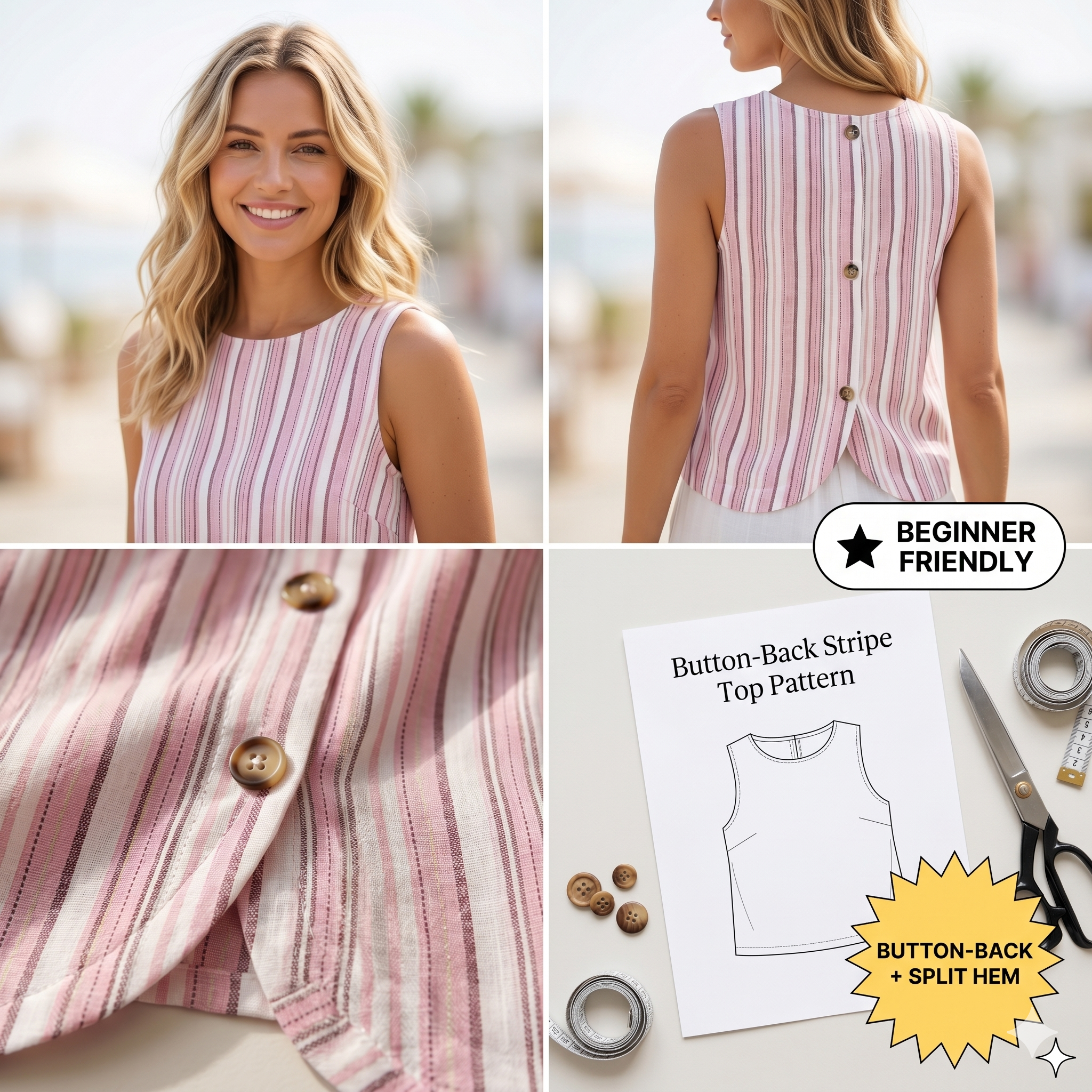 Striped Back Button Sleeveless Top – Instant Download PDF Sewing Pattern