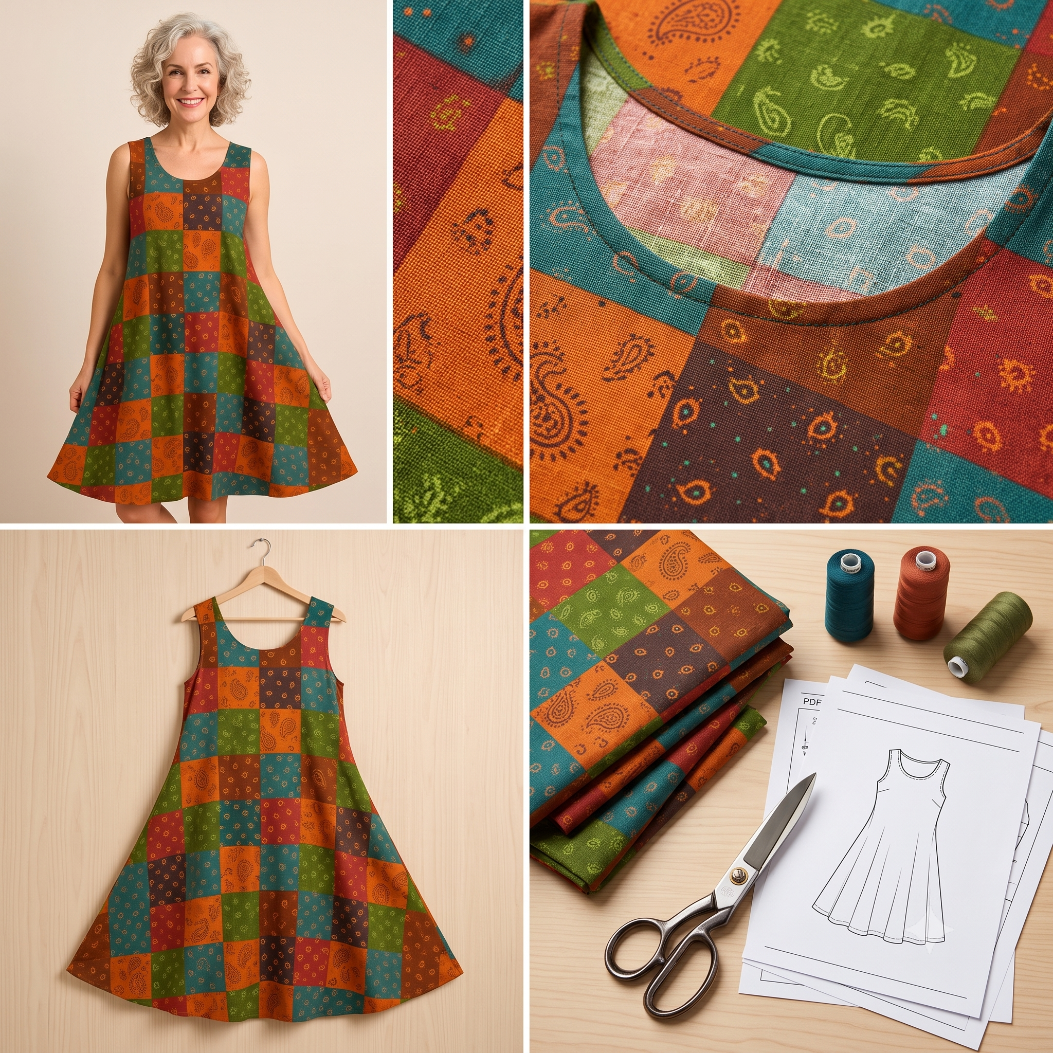 Sundress Sewing Pattern PDF | Boho Sleeveless Swing Dress Pattern for Women, 3/4 Circle Scoop Neck Dress, Beginner, Sizes 2-30, Instant Download