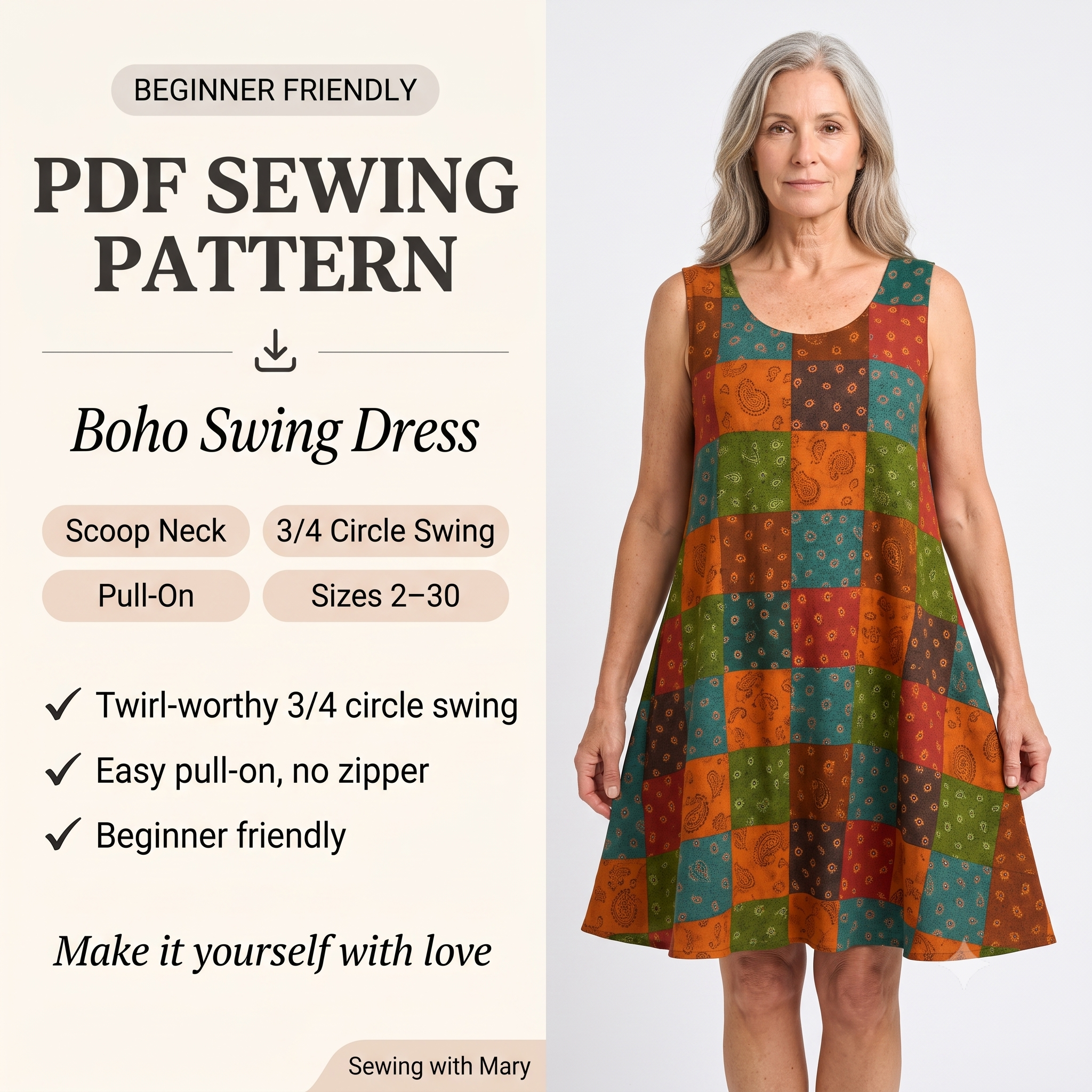 Sundress Sewing Pattern PDF | Boho Sleeveless Swing Dress Pattern for Women, 3/4 Circle Scoop Neck Dress, Beginner, Sizes 2-30, Instant Download