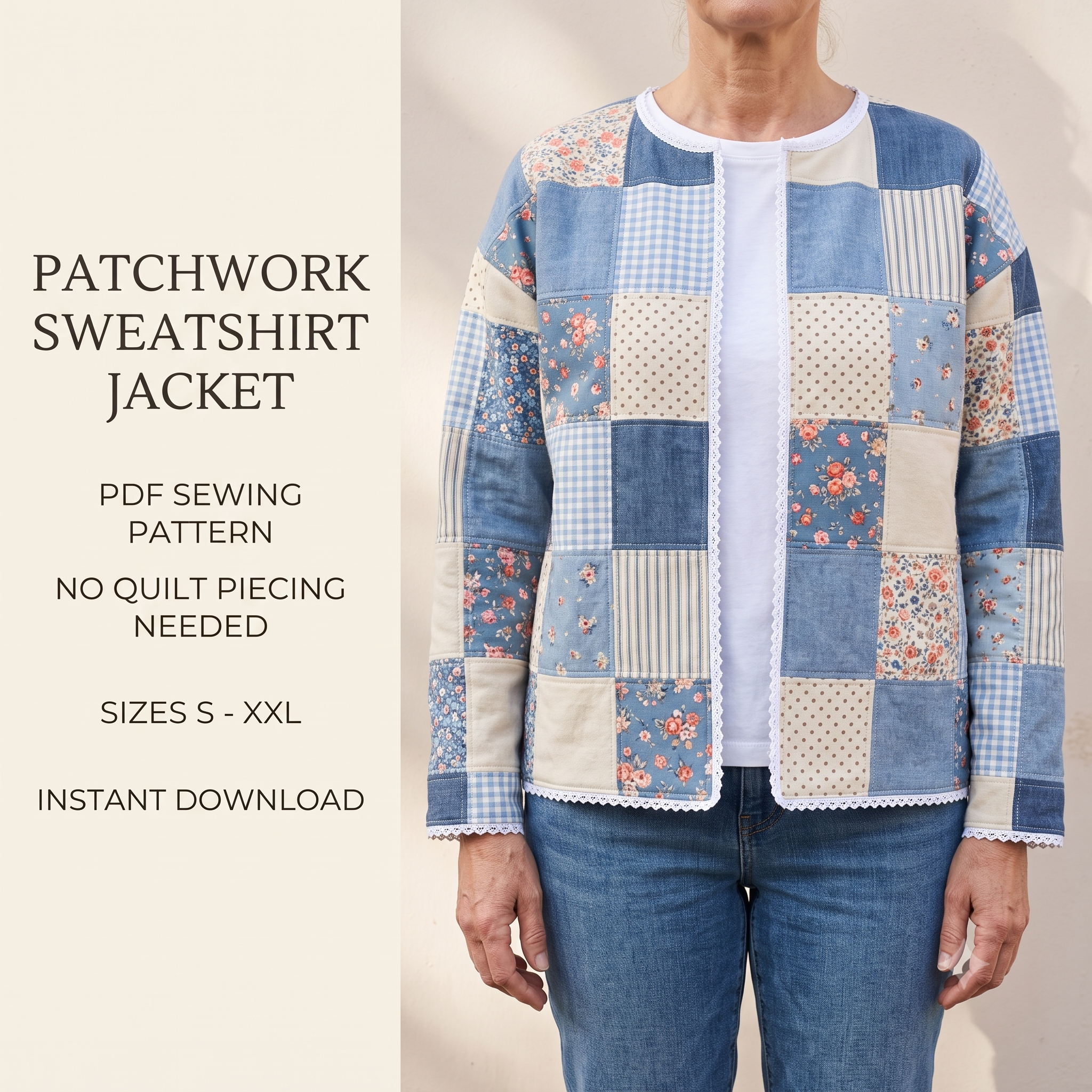 Patchwork Sweatshirt Jacket Sewing Pattern PDF | Beginner Quilted Jacket Tutorial | Charm Pack Project | Sizes S-XXL | Instant Download