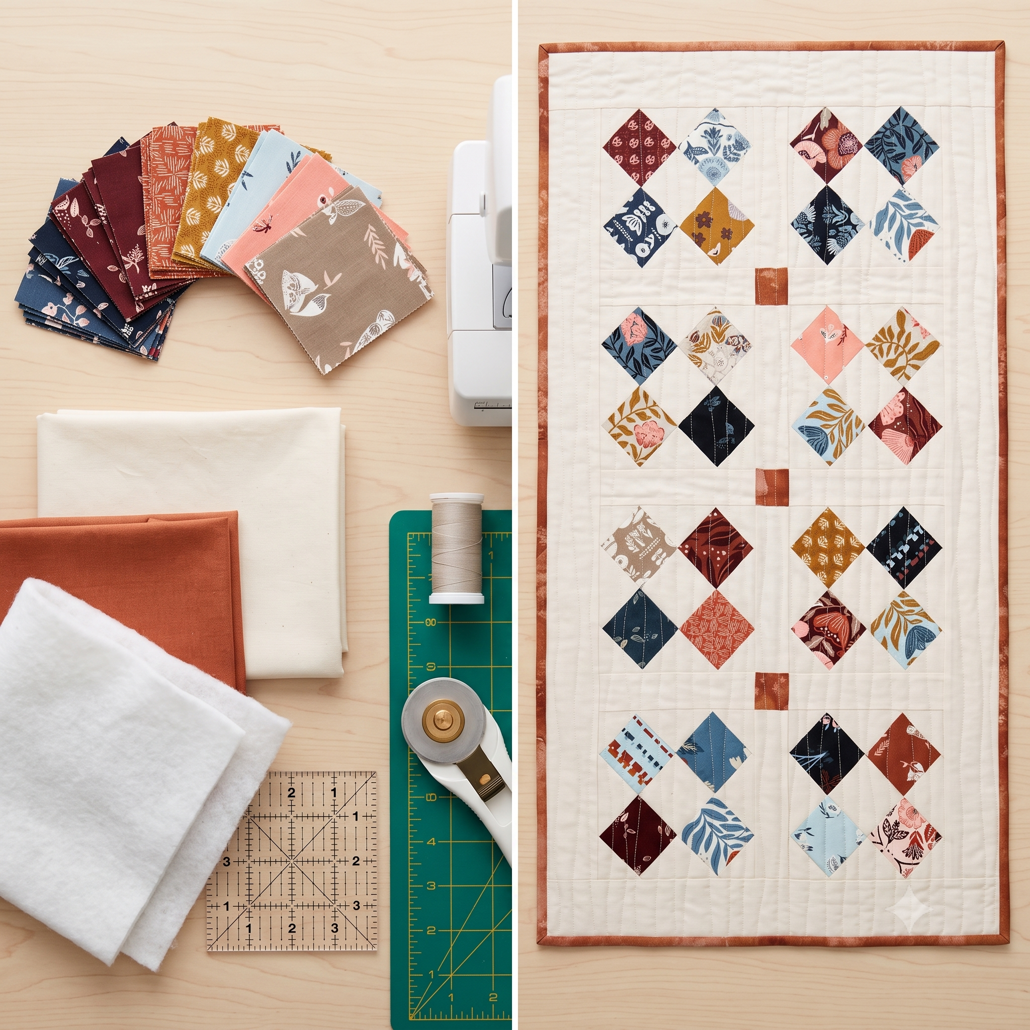Table Runner Quilt Pattern PDF | Mini Charm Square Runner 17x31 | Easy Beginner Quilting Project | Instant Download