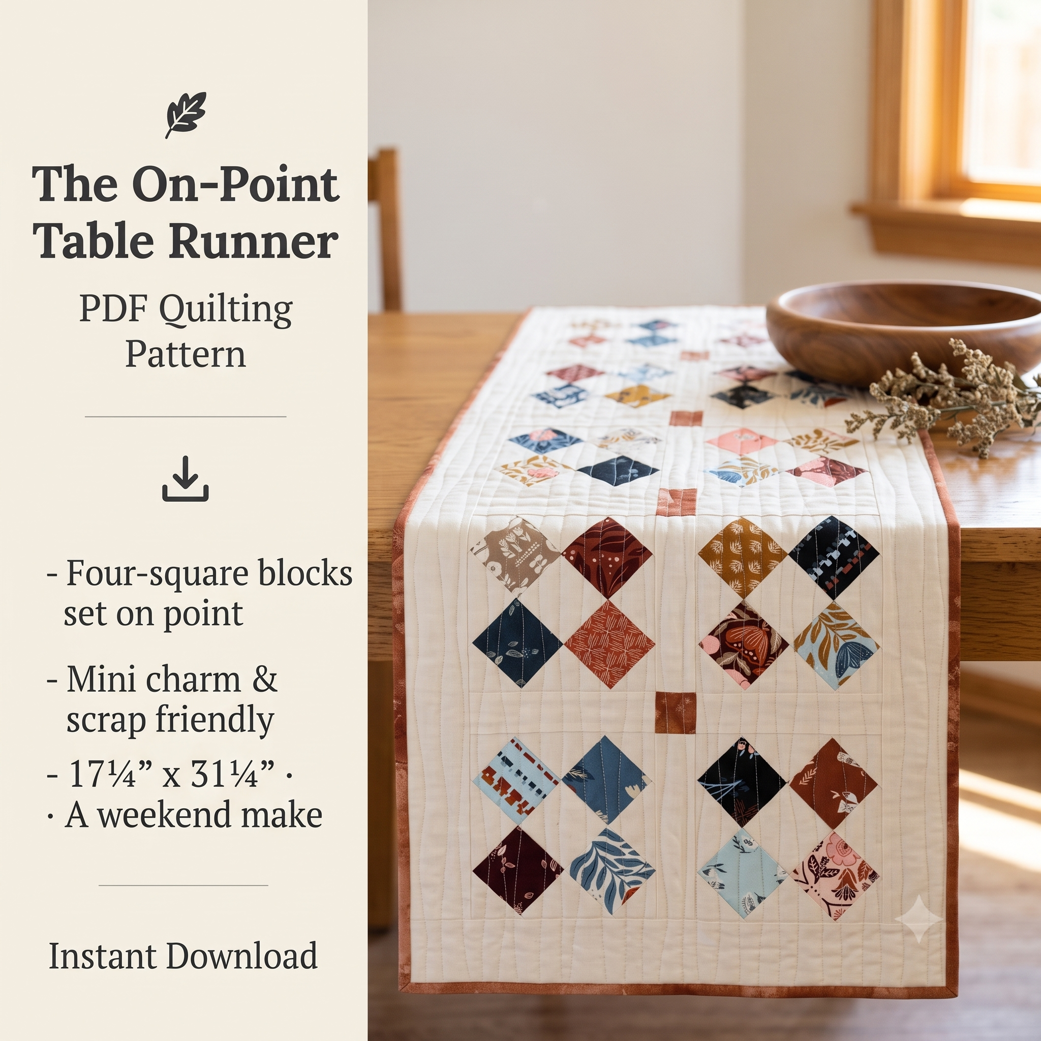 Table Runner Quilt Pattern PDF | Mini Charm Square Runner 17x31 | Easy Beginner Quilting Project | Instant Download