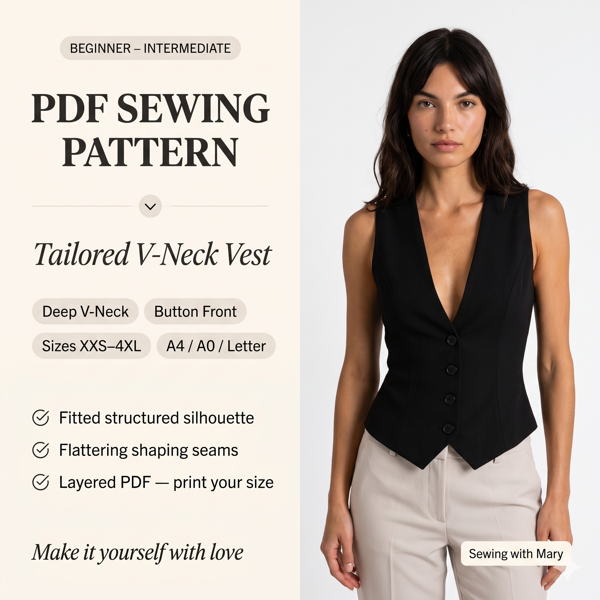 Tailored V-Neck Vest — Sewing Pattern (PDF) | Fitted Button-Front Waistcoat