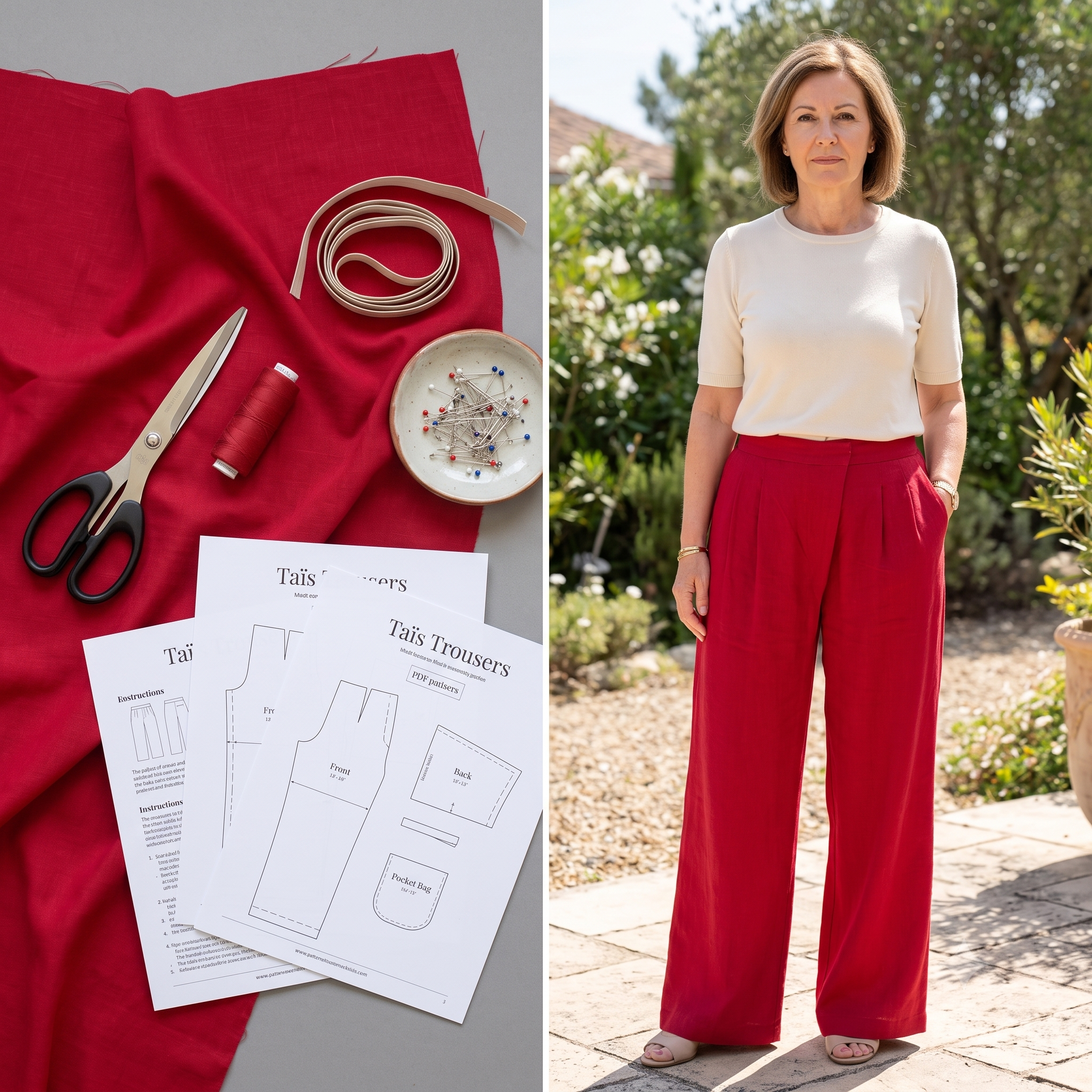 Trousers Sewing Pattern PDF | Taïs Flowy Summer Pants Pattern for Women, Pleated Front Elastic Back Trousers with Pockets, Beginner, XS-3XL
