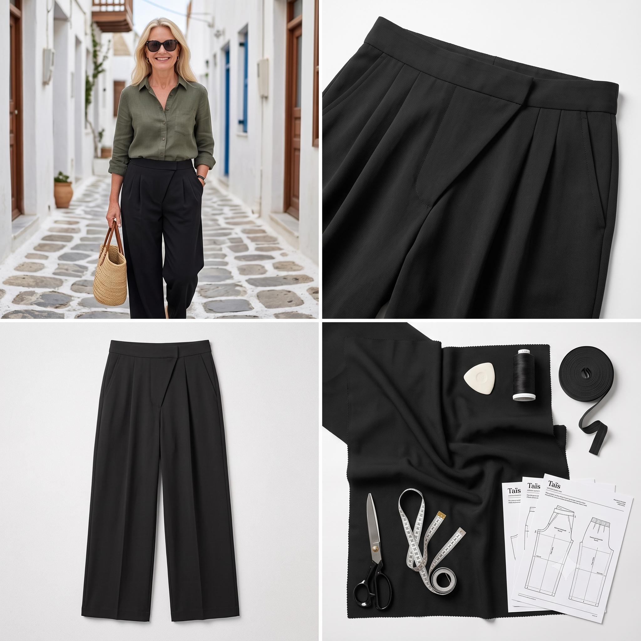 Trousers Sewing Pattern PDF | Taïs Flowy Summer Pants Pattern for Women, Pleated Front Elastic Back Trousers with Pockets, Beginner, XS-3XL