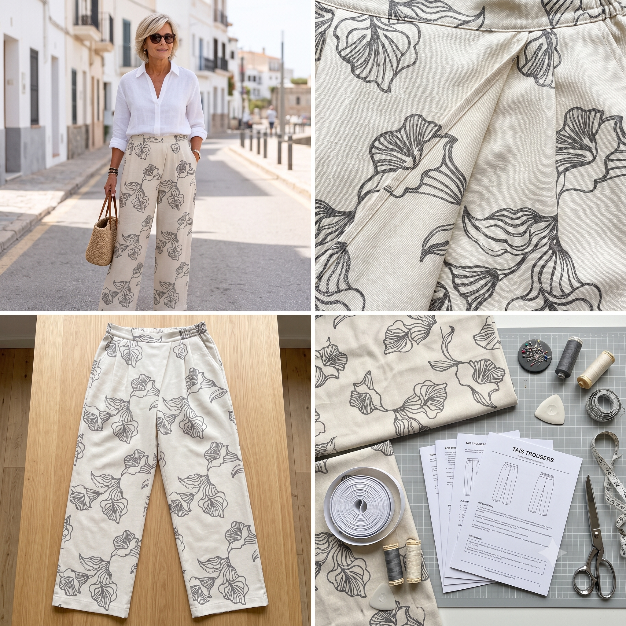 Trousers Sewing Pattern PDF | Taïs Flowy Summer Pants Pattern for Women, Pleated Front Elastic Back Trousers with Pockets, Beginner, XS-3XL