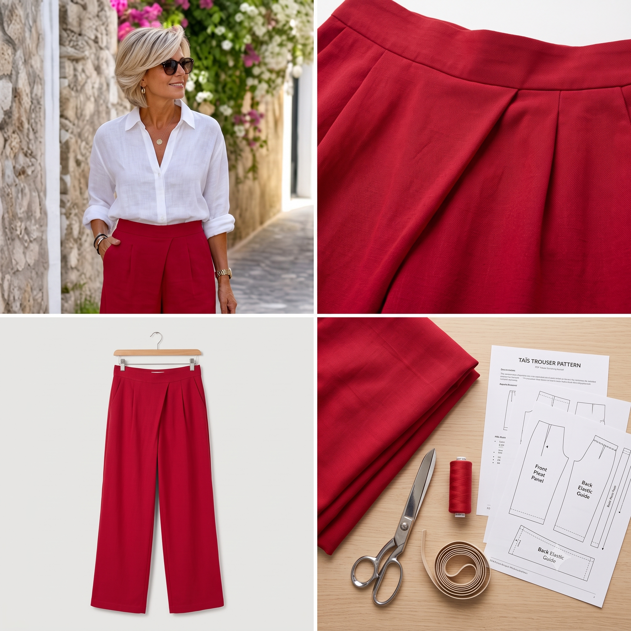 Trousers Sewing Pattern PDF | Taïs Flowy Summer Pants Pattern for Women, Pleated Front Elastic Back Trousers with Pockets, Beginner, XS-3XL