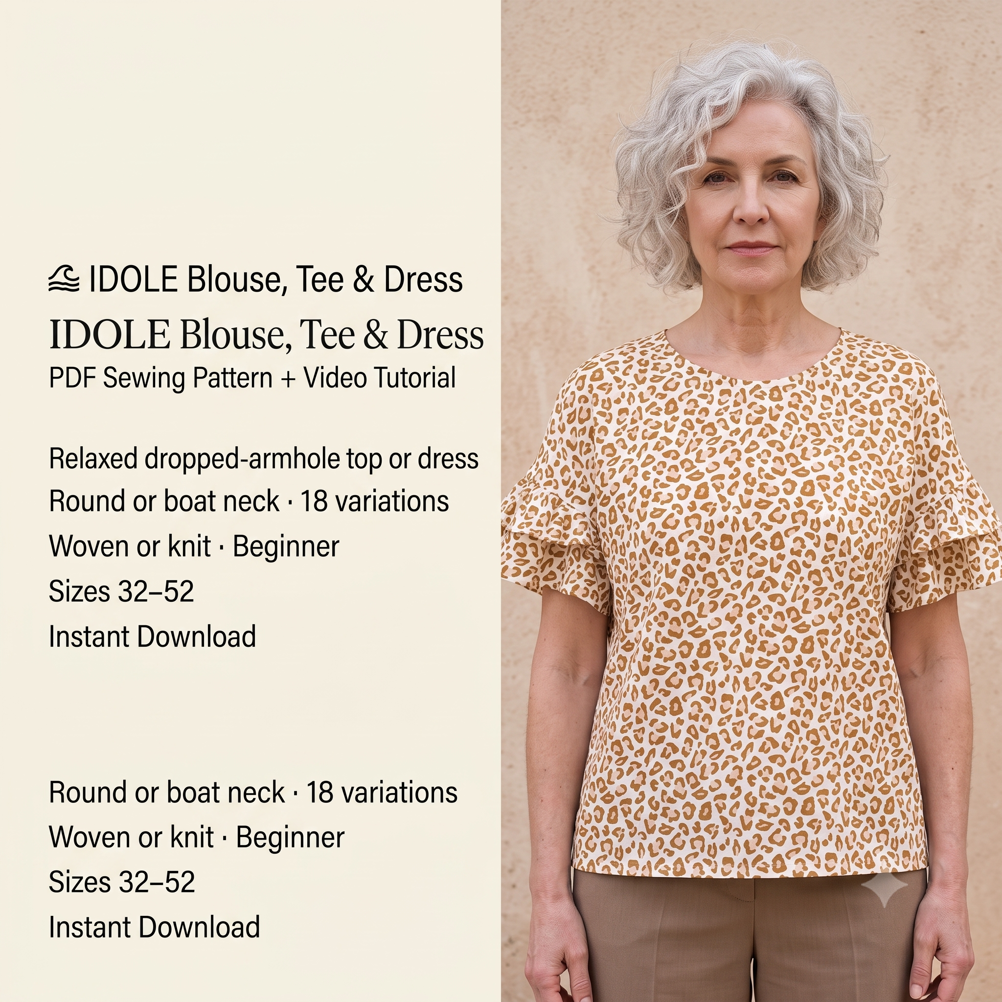 IDOLE Blouse Sewing Pattern PDF, Dropped Armhole Top & Dress, Round or Boat Neck, 18 Variations, Video Tutorial, Bilingual FR/EN, Sizes 32–52