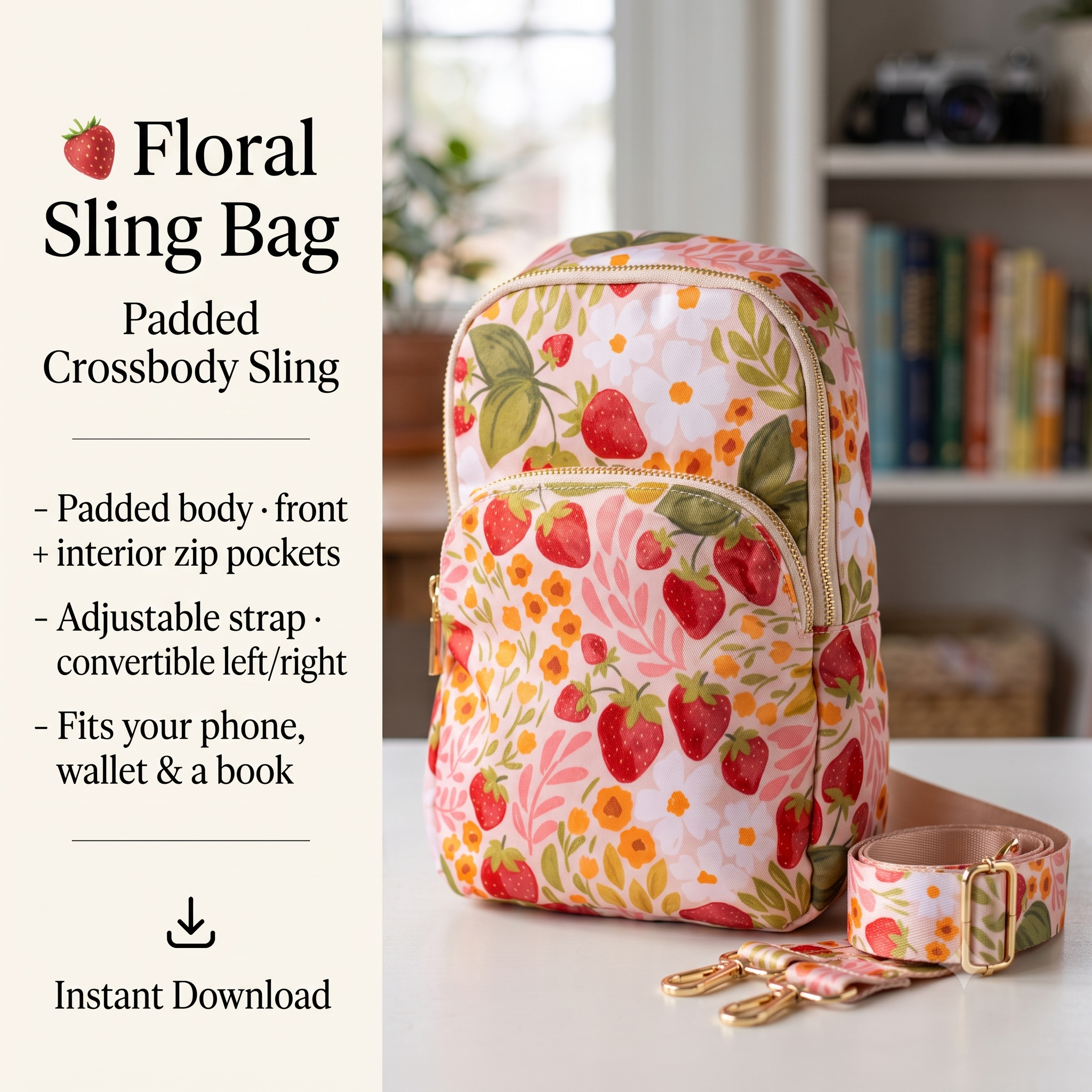 Padded Sling Bag PDF Sewing Pattern | Crossbody Sling Backpack | Front + Interior Zip Pockets, Convertible Strap | Beginner Friendly