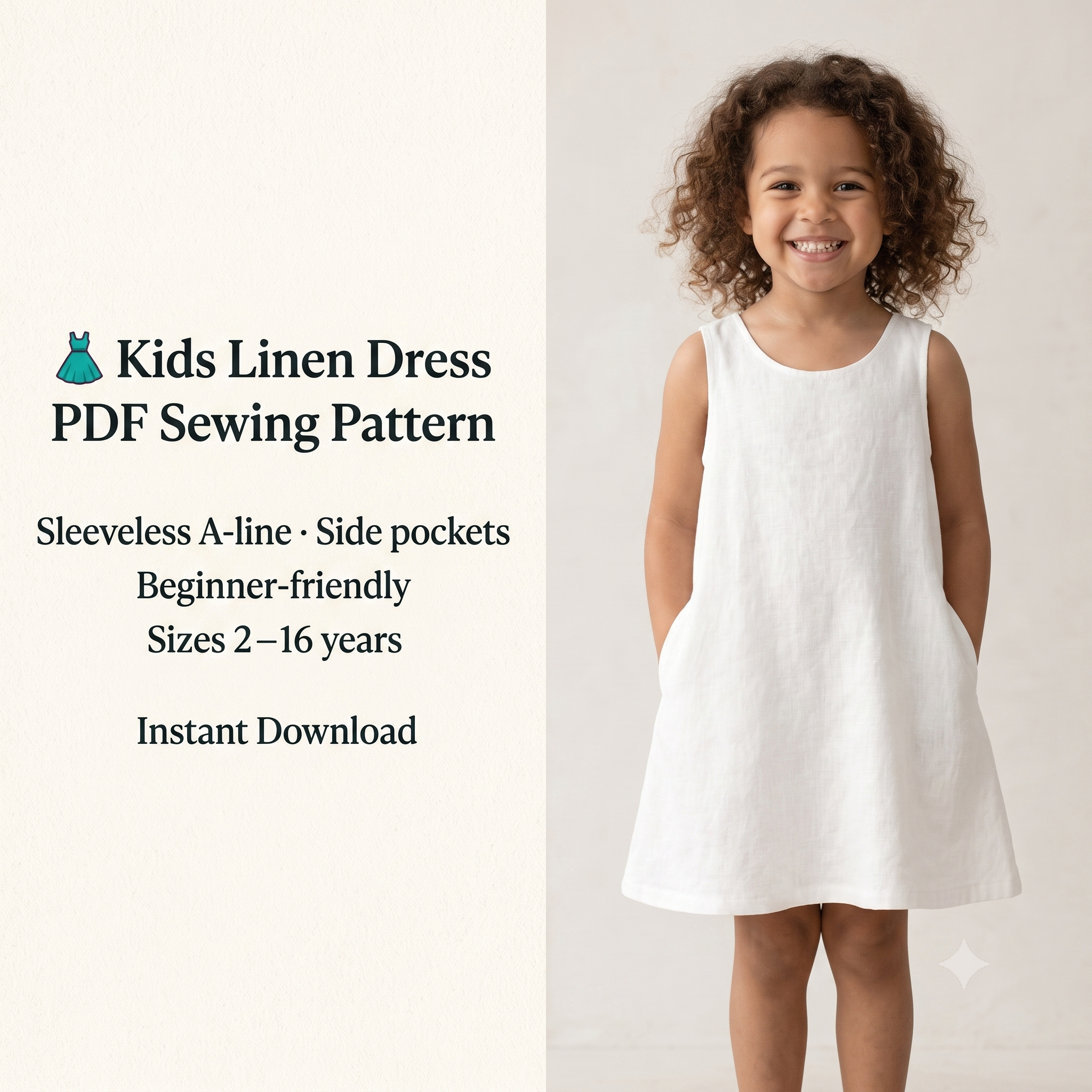 Kids Linen Dress PDF for Girls, Toddler Dress Pattern, Beginner Friendly Sewing Pattern, Girls Dress Template, Ages 2–16 Years