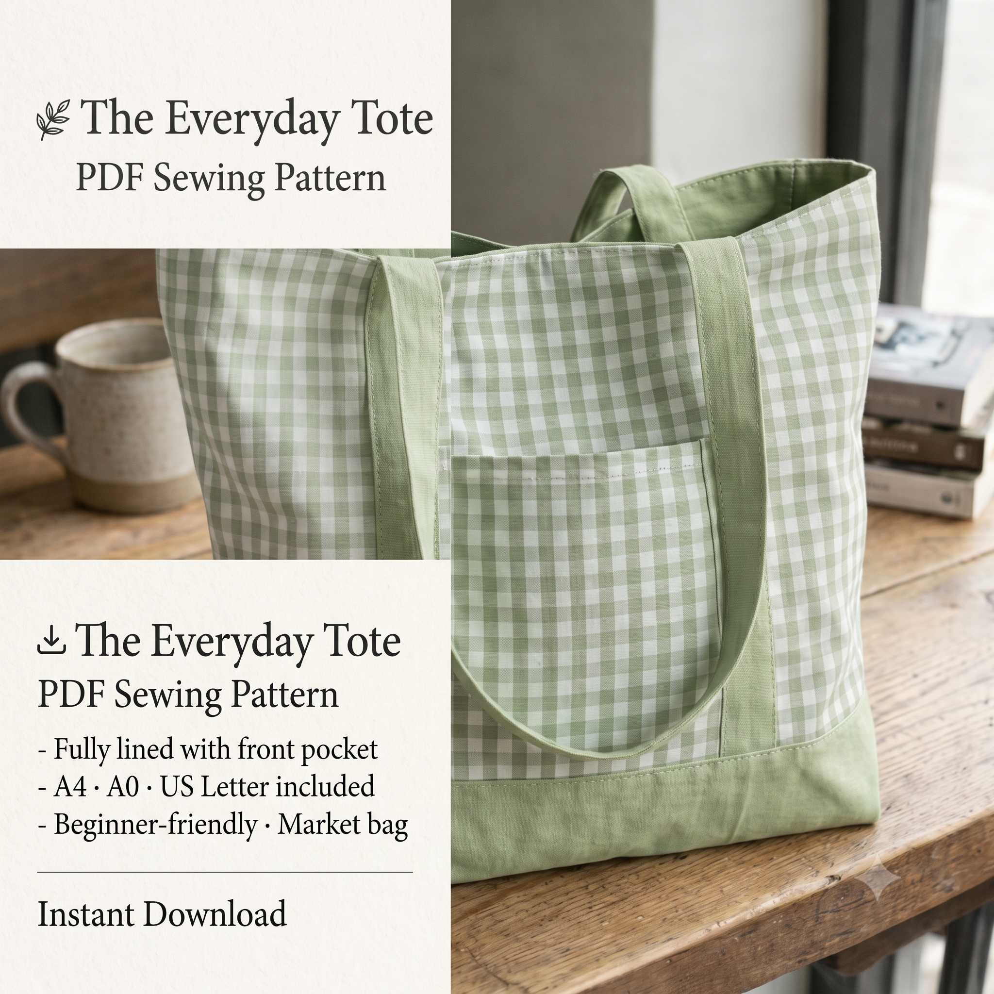 Tote Bag PDF Sewing Pattern | Beginner Friendly Lined Tote with Pocket | Everyday Market Bag | Instant Download A4 A0 US Letter