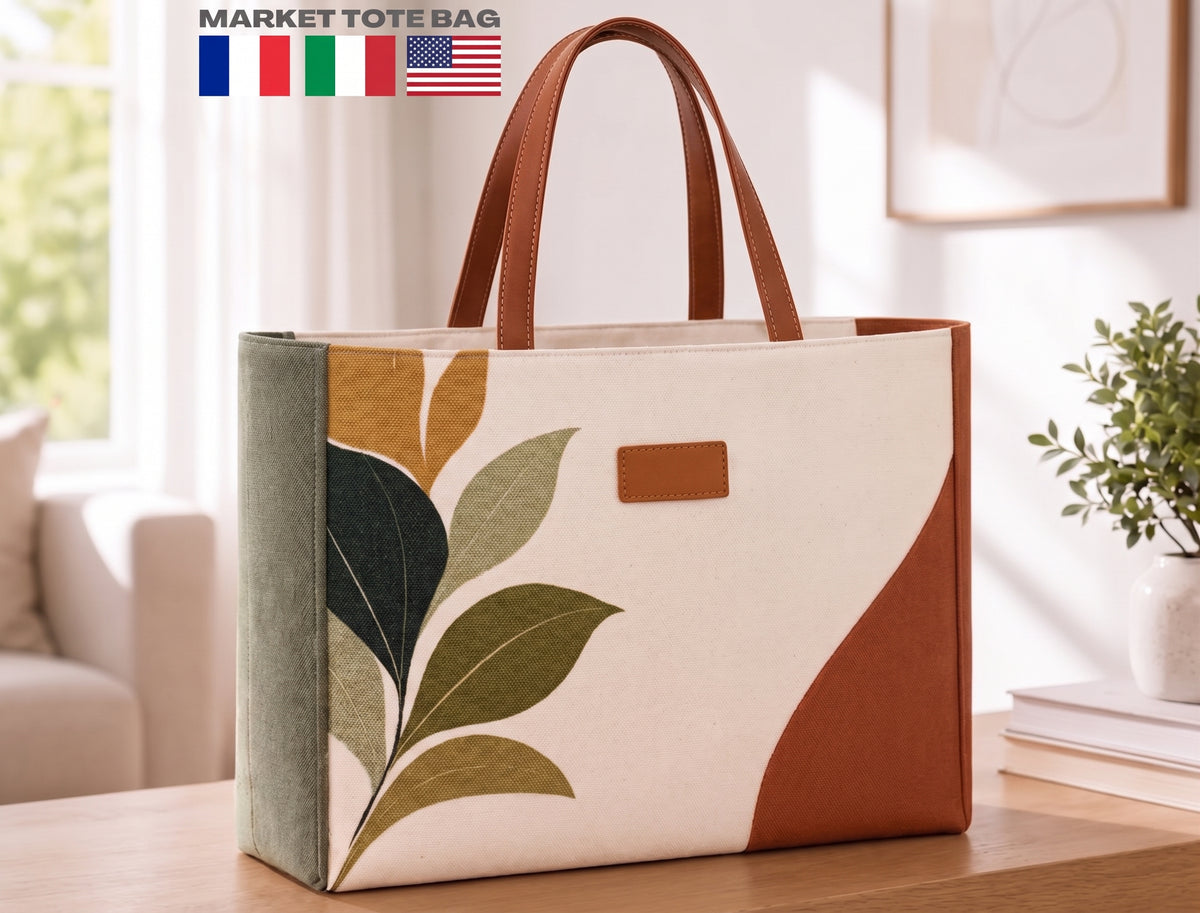 Market Tote Bag PDF Sewing Pattern | Structured Canvas Shopper, Boxed Base & Pockets, No Templates