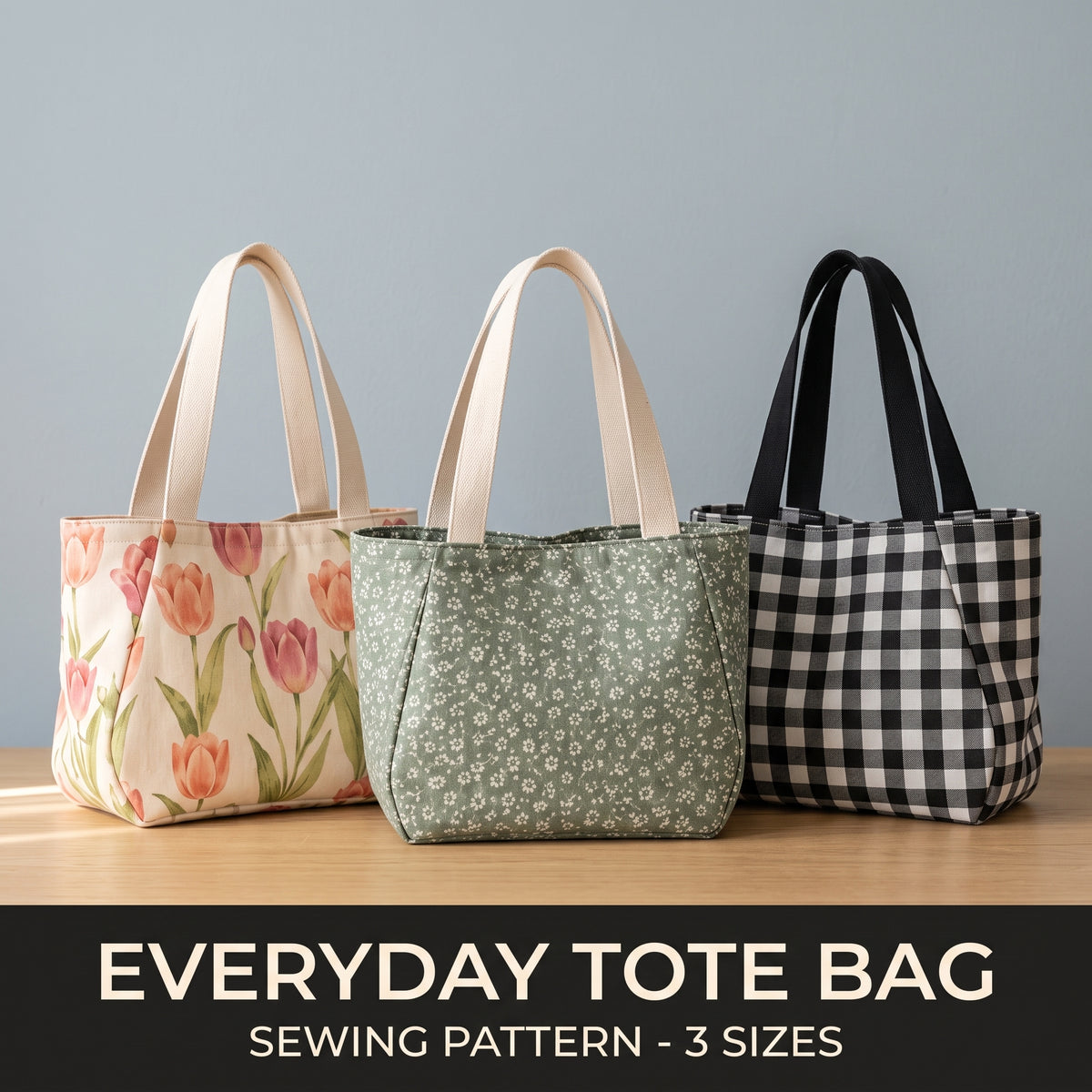 Tote Bag Sewing Pattern PDF, 3 Sizes, Easy Lunch & Project Bag