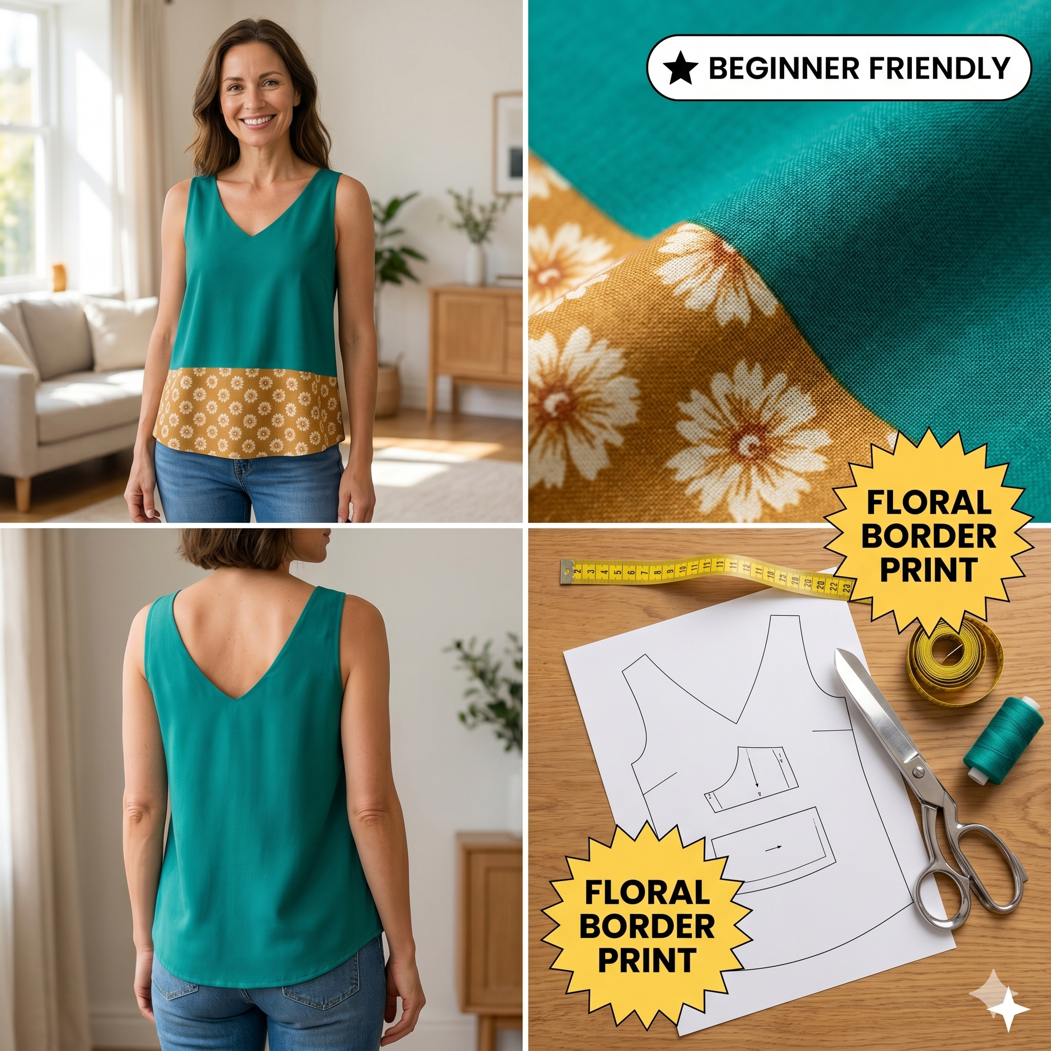 V-Neck Top Sewing Pattern – Relaxed Fit PDF, Sleeveless Summer Blouse, XS-3XL