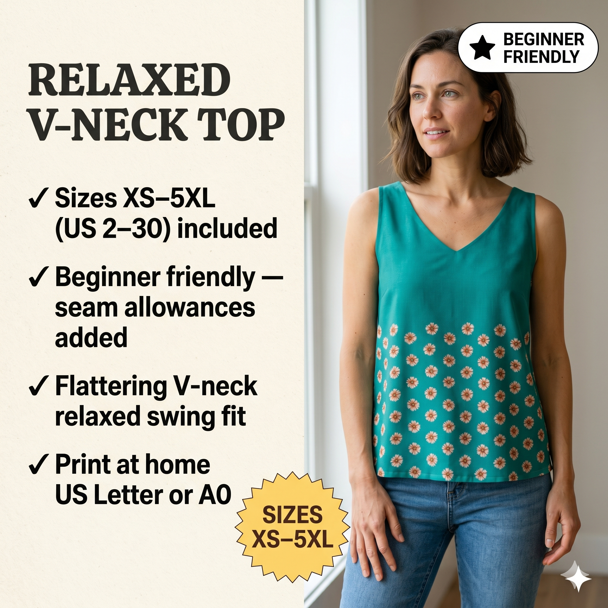 V-Neck Top Sewing Pattern – Relaxed Fit PDF, Sleeveless Summer Blouse, XS-3XL