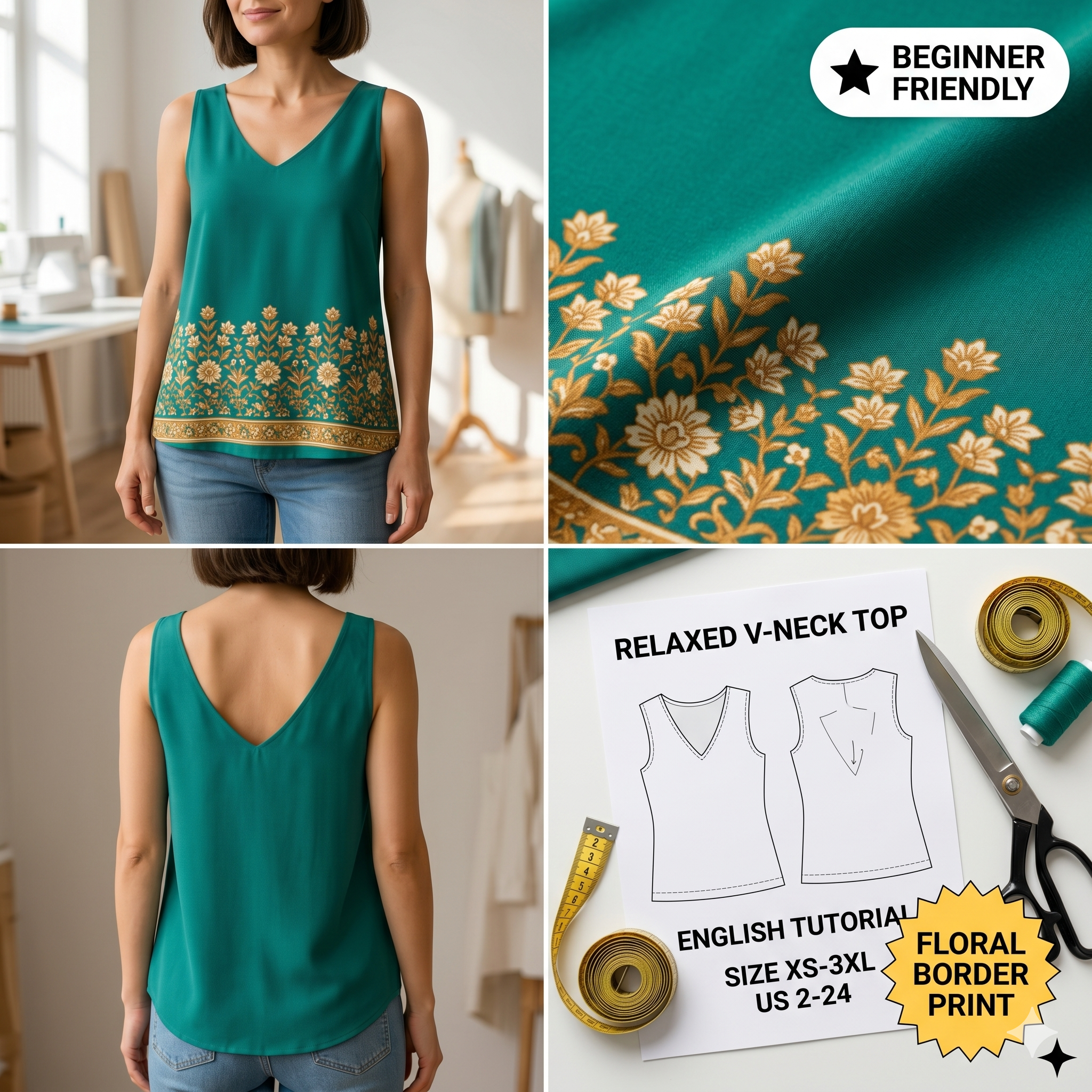 V-Neck Top Sewing Pattern – Relaxed Fit PDF, Sleeveless Summer Blouse, XS-3XL