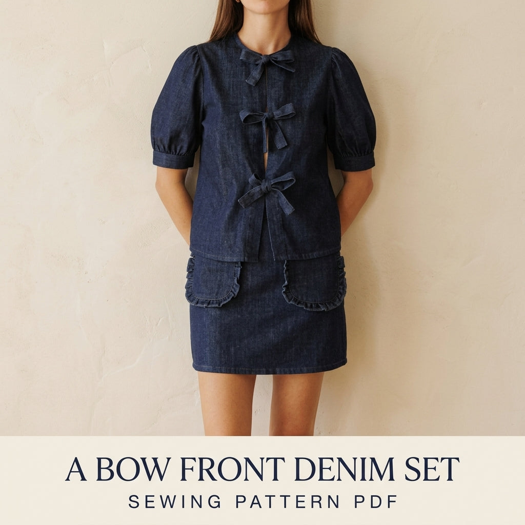 Bow Tie Top Sewing Pattern PDF – Puff Sleeve Denim Blouse and Mini Skirt