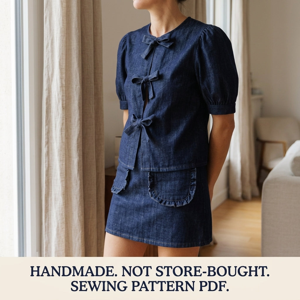 Bow Tie Top Sewing Pattern PDF – Puff Sleeve Denim Blouse and Mini Skirt