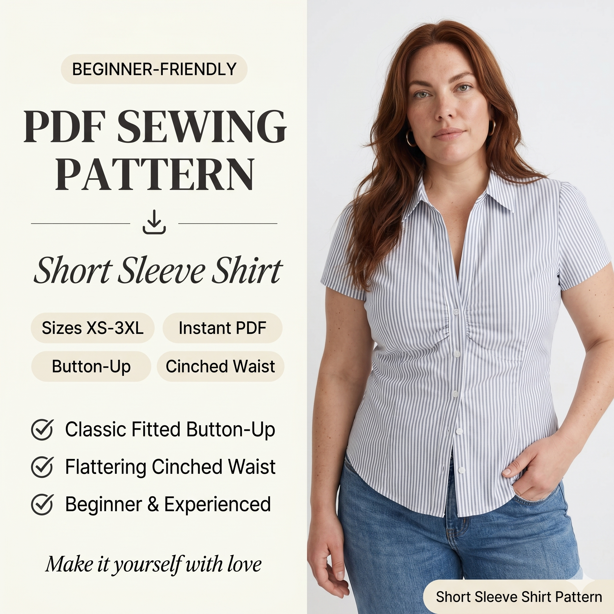 Women's Short Sleeve Shirt PDF Sewing Pattern, Classic Button Up Blouse, Summer Shirt Pattern, Instant Download, Digital Sewing Pattern
