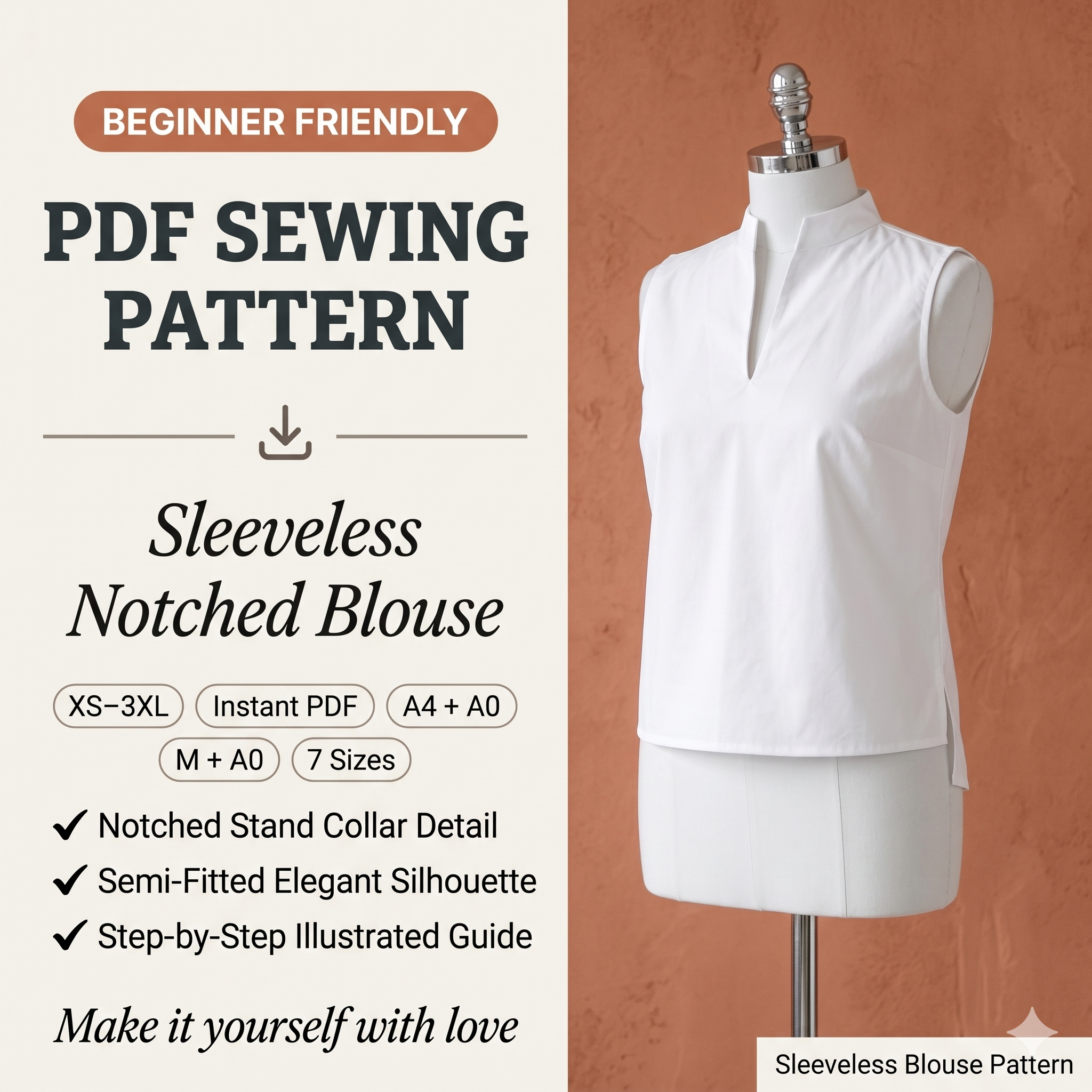 Women's Sleeveless Blouse Sewing Pattern, Easy Linen Tank Top Pattern, Elegant Notched Neck Shirt PDF, Basic Beginner Friendly XS-3XL