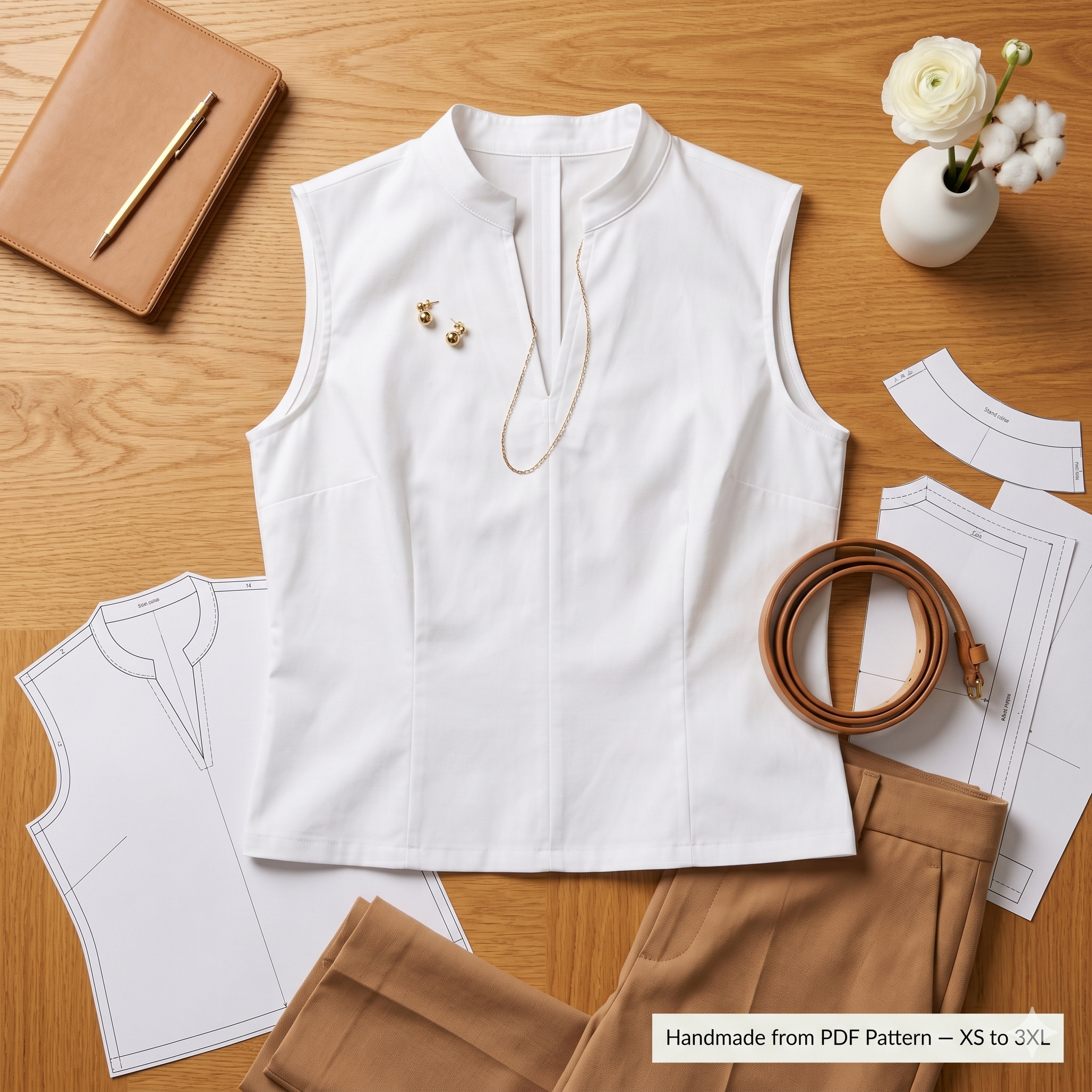 Women's Sleeveless Blouse Sewing Pattern, Easy Linen Tank Top Pattern, Elegant Notched Neck Shirt PDF, Basic Beginner Friendly XS-3XL