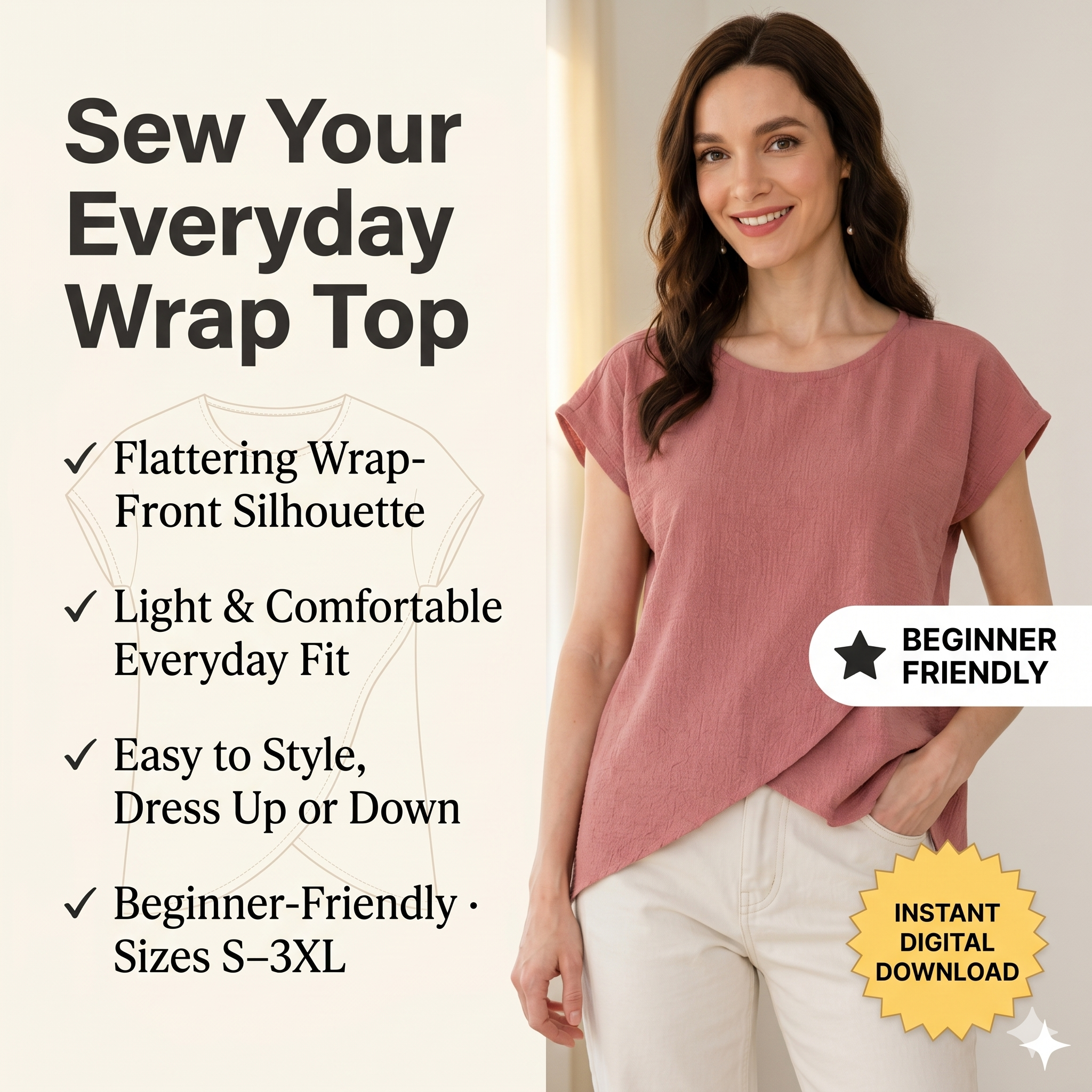 Wrap Blouse Sewing Pattern for Women, Stylish Overlap Top PDF, Casual Everyday Top Pattern, Easy to Sew, Instant Download S-3XL