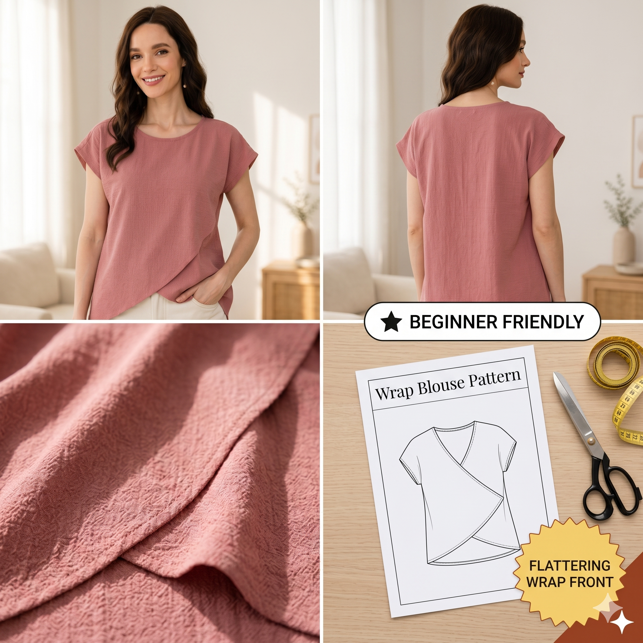 Wrap Blouse Sewing Pattern for Women, Stylish Overlap Top PDF, Casual Everyday Top Pattern, Easy to Sew, Instant Download S-3XL