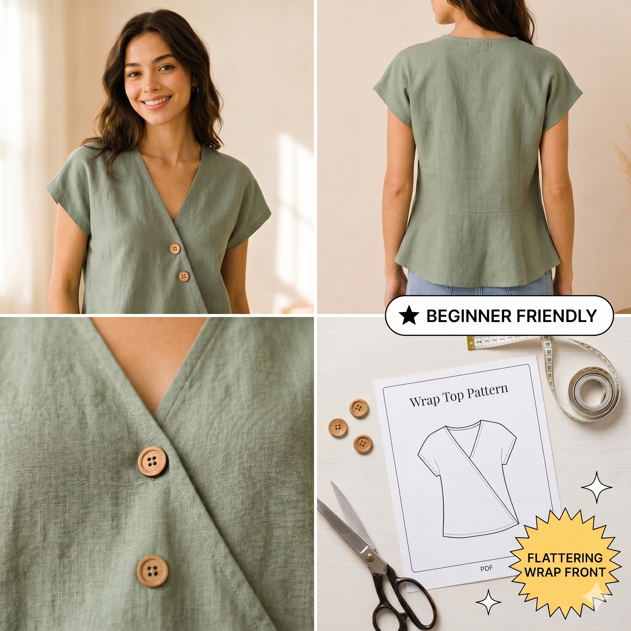 Wrap Top Sewing Pattern PDF| V Neck Blouse Pattern| Easy Shirt Tutorial| Digital Download | A4 US Letter A0 Sizes | Beginners Friendly