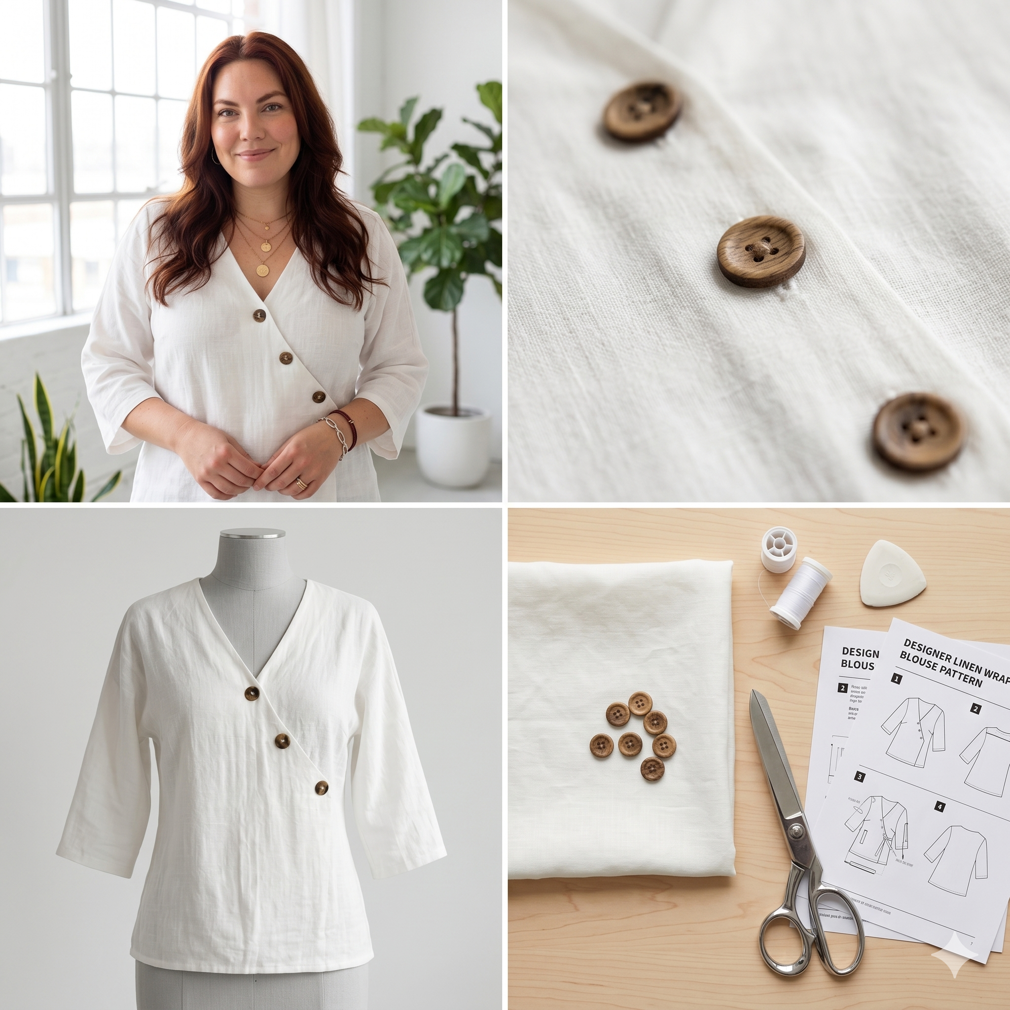 Wrap V-Neck Blouse Sewing Pattern PDF | Linen Cotton Top Pattern, Diagonal Button Crossover Shirt, 3/4 Sleeve, Sizes S-3XL, Instant Download