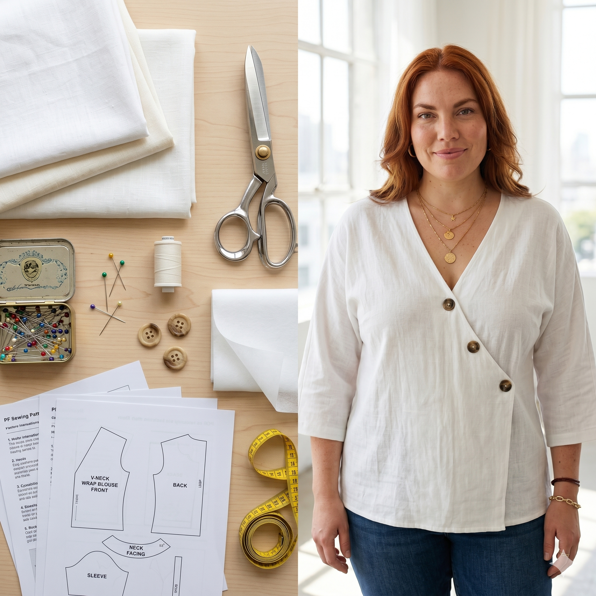 Wrap V-Neck Blouse Sewing Pattern PDF | Linen Cotton Top Pattern, Diagonal Button Crossover Shirt, 3/4 Sleeve, Sizes S-3XL, Instant Download