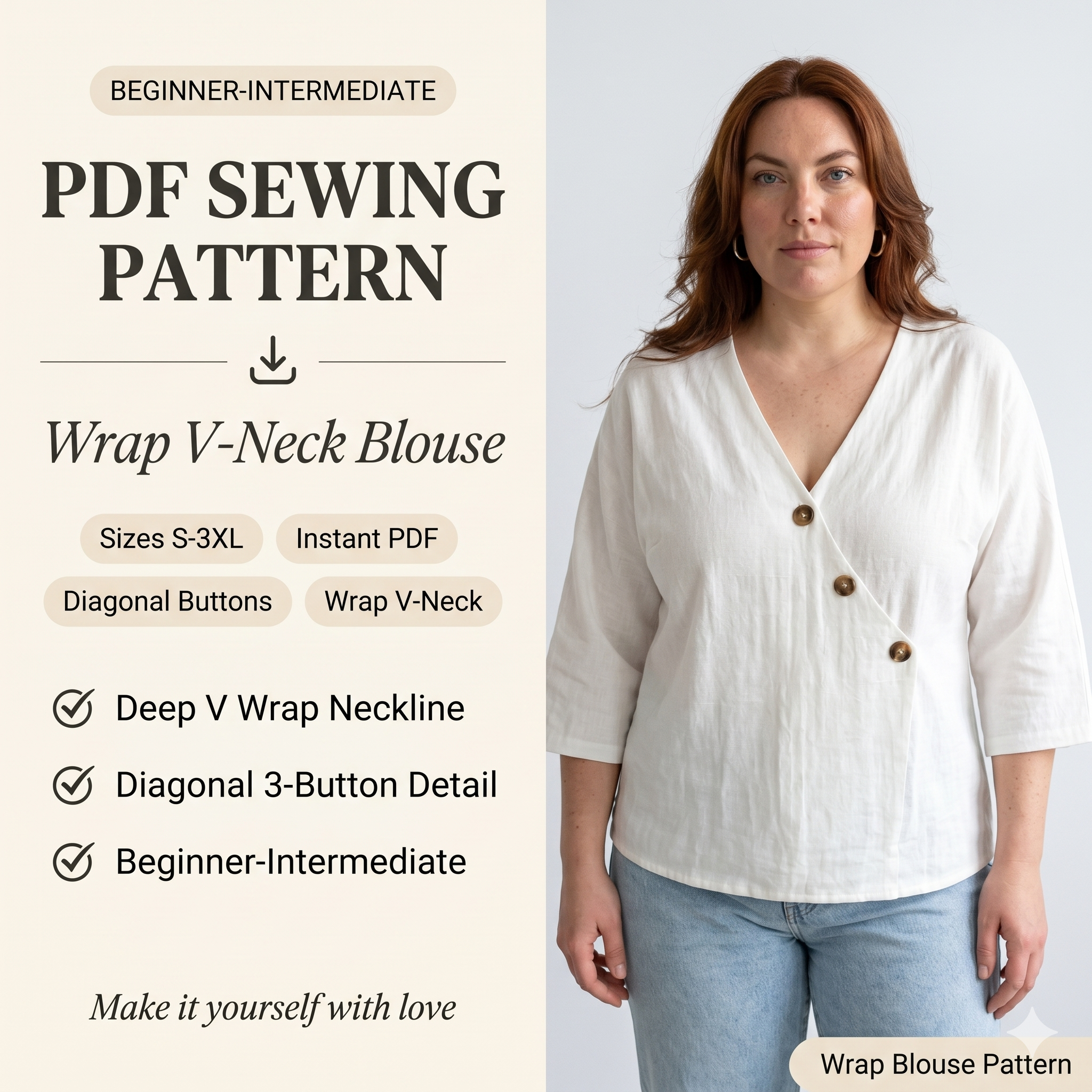 Wrap V-Neck Blouse Sewing Pattern PDF | Linen Cotton Top Pattern, Diagonal Button Crossover Shirt, 3/4 Sleeve, Sizes S-3XL, Instant Download