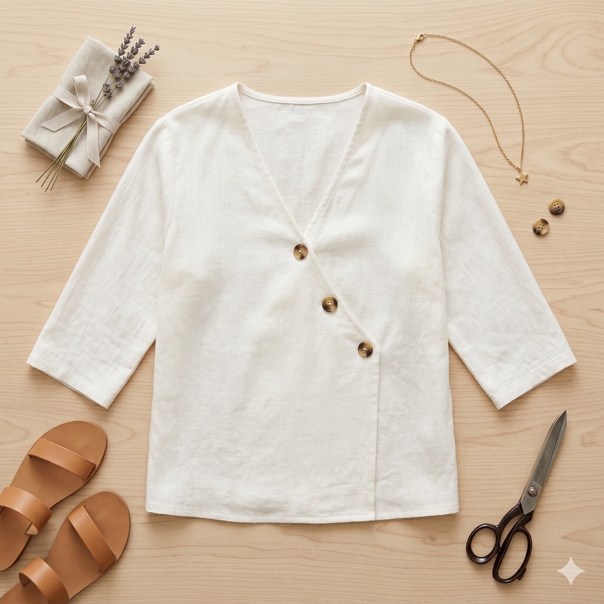 Wrap V-Neck Blouse Sewing Pattern PDF | Linen Cotton Top Pattern, Diagonal Button Crossover Shirt, 3/4 Sleeve, Sizes S-3XL, Instant Download
