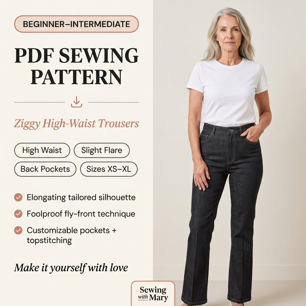 Trousers Sewing Pattern PDF | Ziggy High Waist Pants Pattern for Women, Straight Flared Leg Tailored Trousers, Beginner, Sizes XS-XL, Instant Download