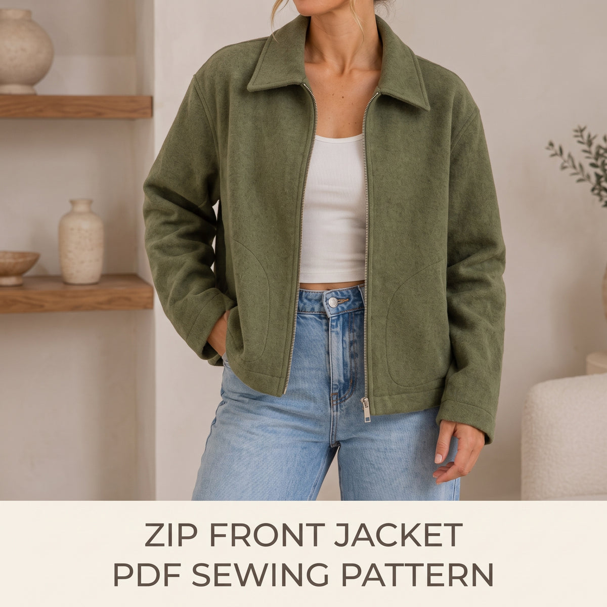 Zip Front Jacket PDF Sewing Pattern | Women's Bomber / Blouson with Welt Pockets | A0, A4, Letter