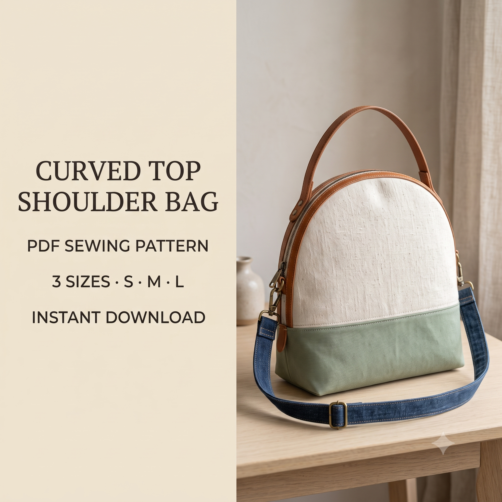 Curved Top Shoulder Bag Sewing Pattern PDF, Half Moon Zip Purse Pattern, Boxy Crossbody Bag Tutorial, 3 Sizes S M L, Instant Download