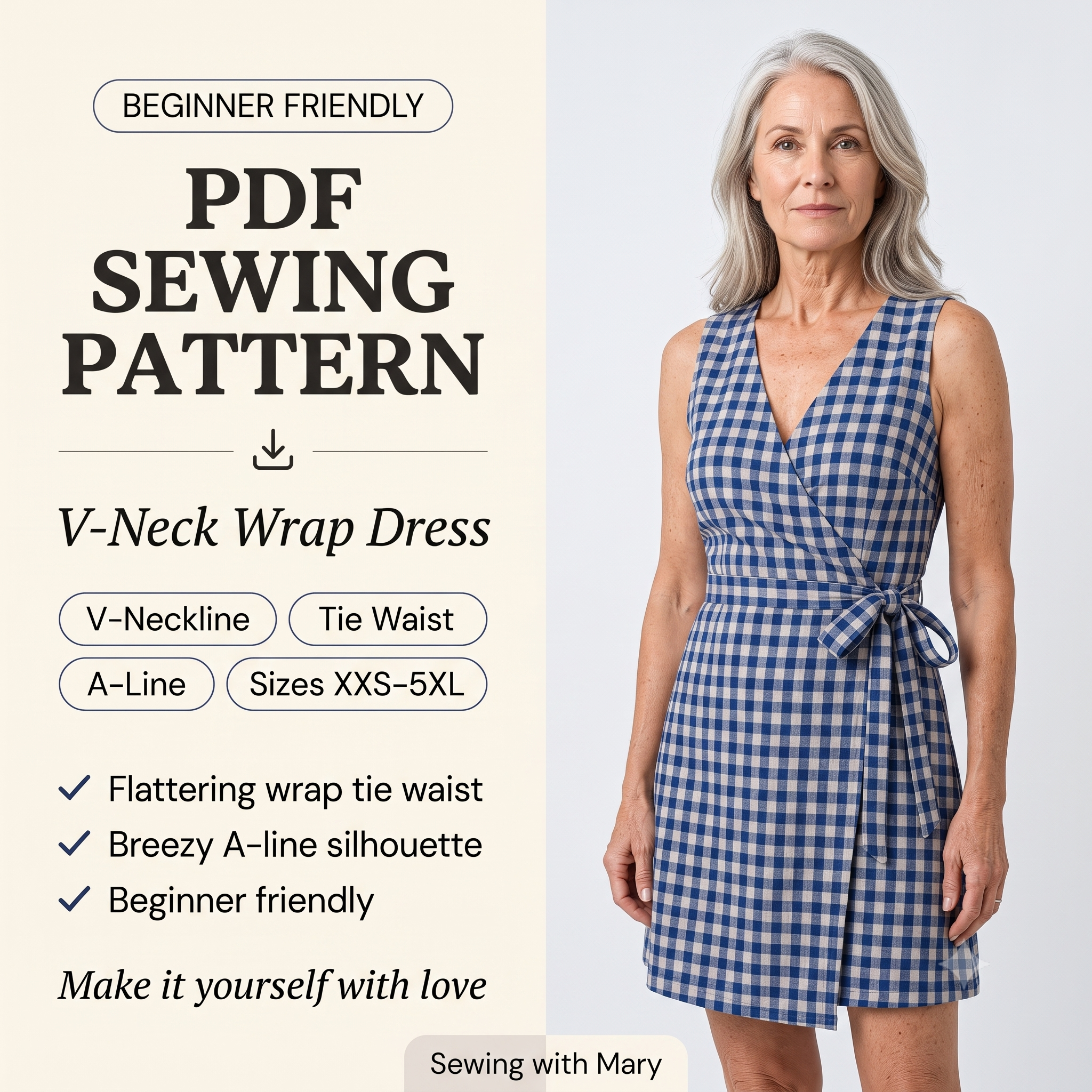 Wrap Dress Sewing Pattern PDF | Sleeveless V-Neck A-Line Dress Pattern, Tie Waist Linen Summer Dress, Beginner, Sizes XXS-5XL, Instant Download