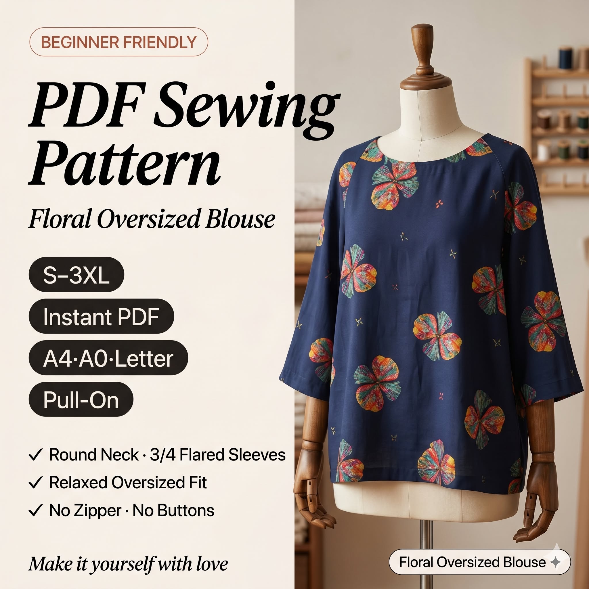 Floral Cotton Shirt – Instant Download PDF Sewing Pattern