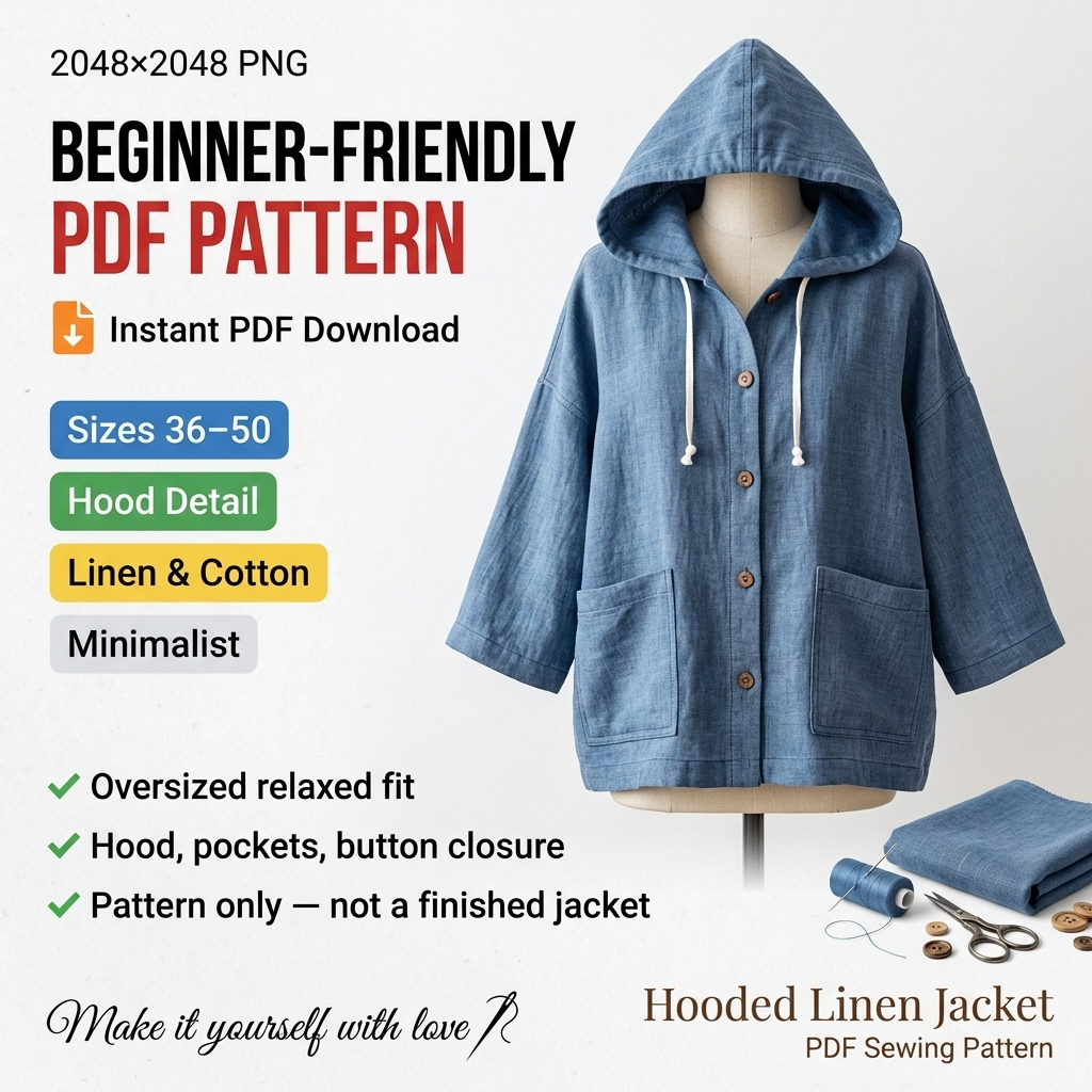 Hooded Jacket Sewing Pattern PDF, Linen Oversized Jacket Pattern, Minimalist Women Coat Pattern, DIY Sewing Pattern, Instant Download