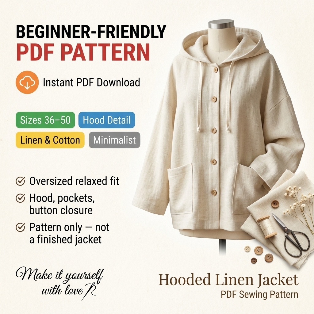 Hooded Jacket Sewing Pattern PDF, Linen Oversized Jacket Pattern, Minimalist Women Coat Pattern, DIY Sewing Pattern, Instant Download
