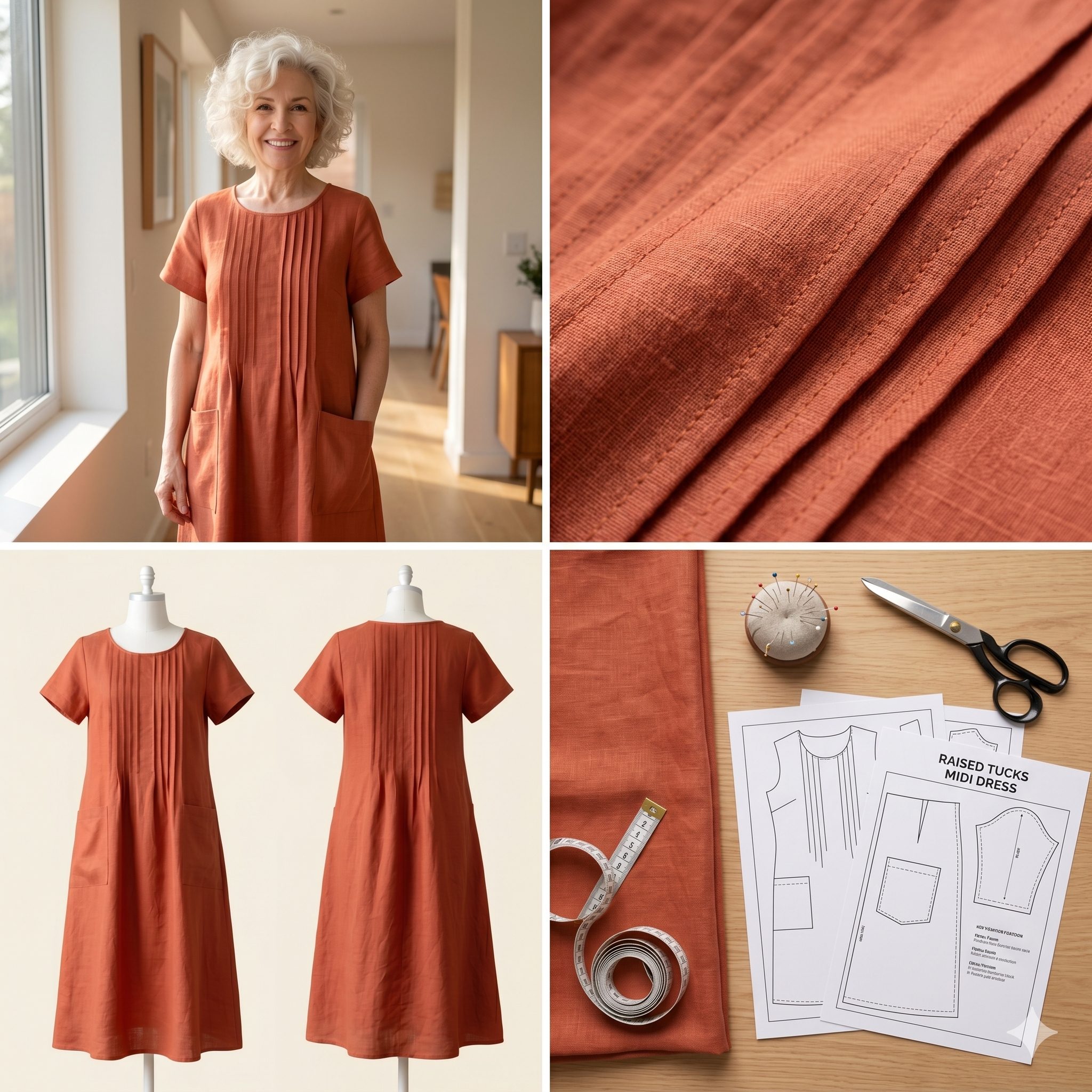 Linen Dress Sewing Pattern PDF | Raised Tucks A-Line Midi Dress