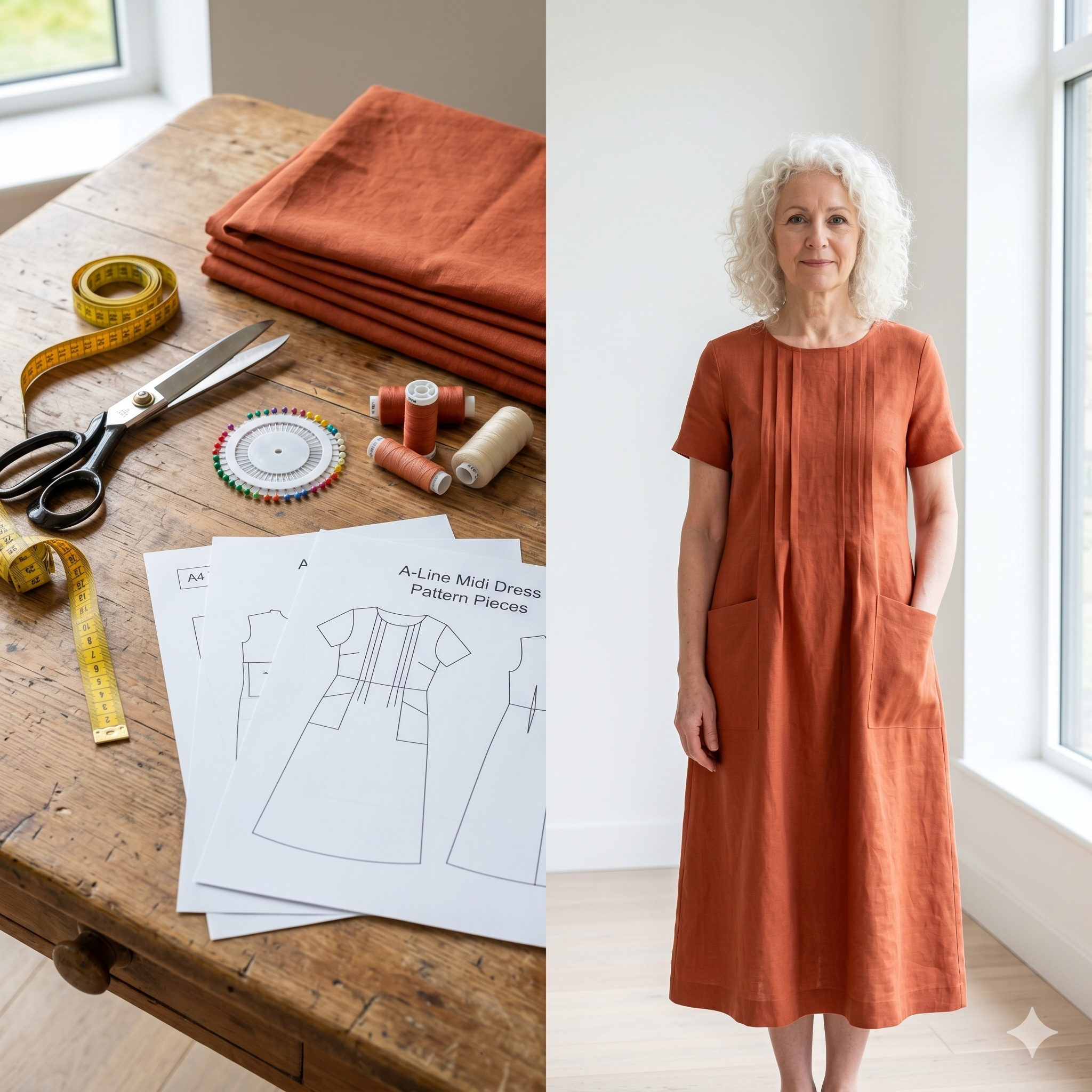Linen Dress Sewing Pattern PDF | Raised Tucks A-Line Midi Dress