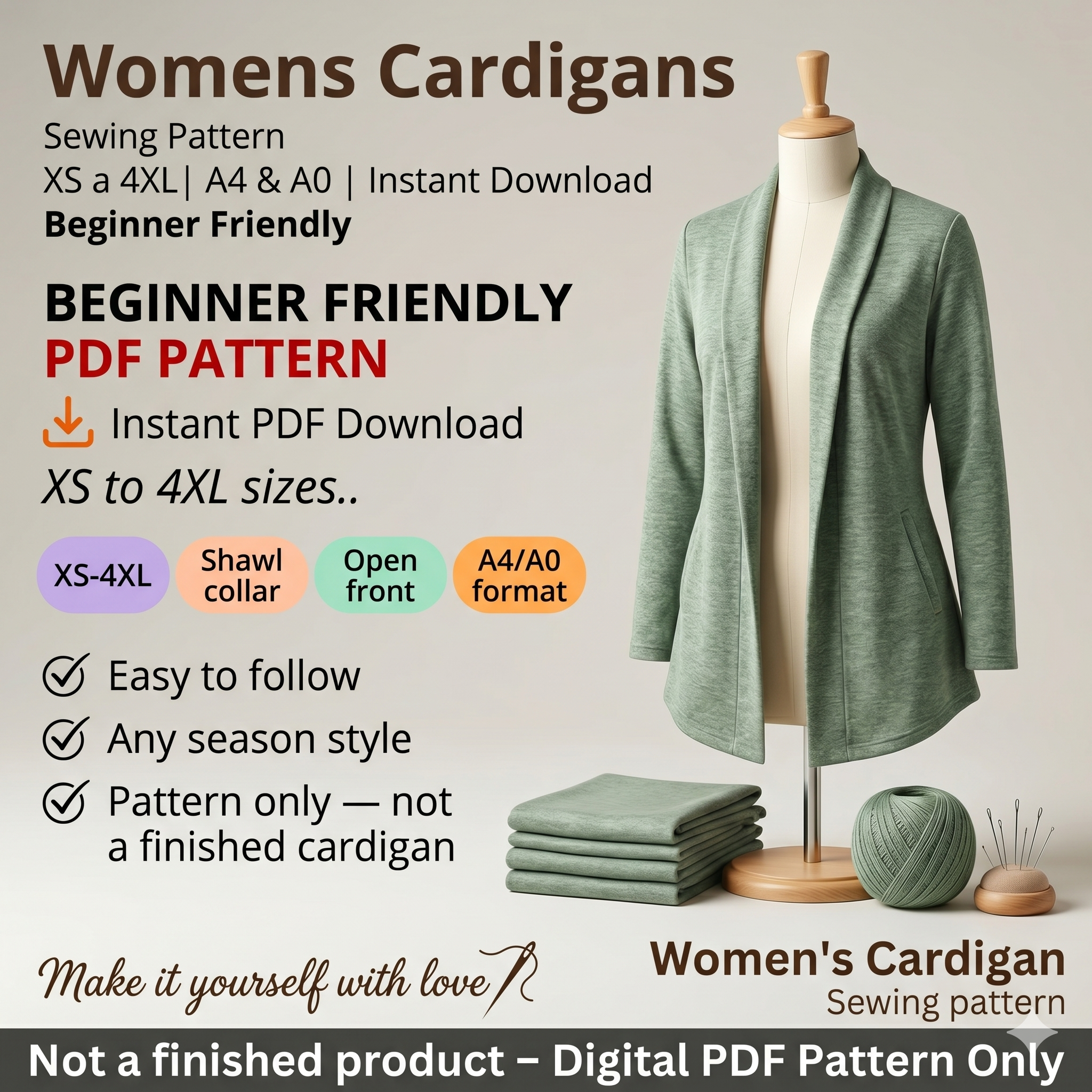 Cardigan Sewing Pattern: Beginner-Friendly PDF (Sizes XS-4XL)