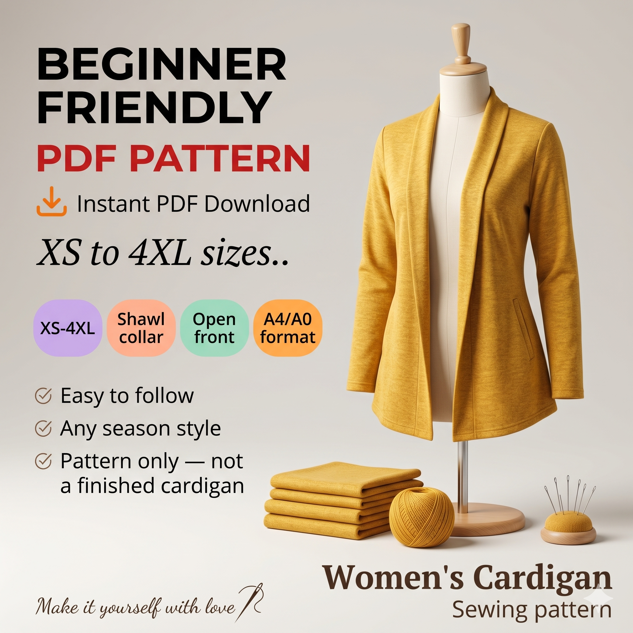 Cardigan Sewing Pattern: Beginner-Friendly PDF (Sizes XS-4XL)